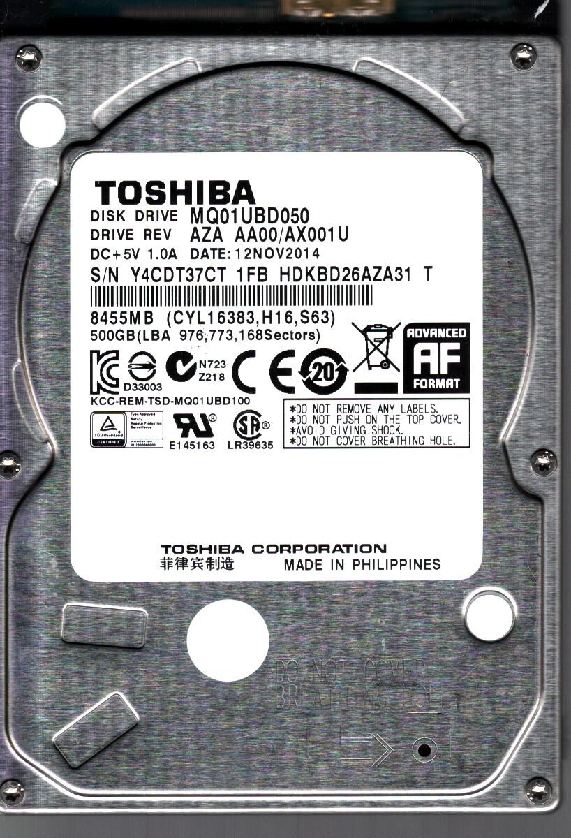 MQ01UBD050 HDKBD26AZA31 T REV:AZA AA00/AX001U 500GB NOV 2014 PHILIPPINES TOSHIBA