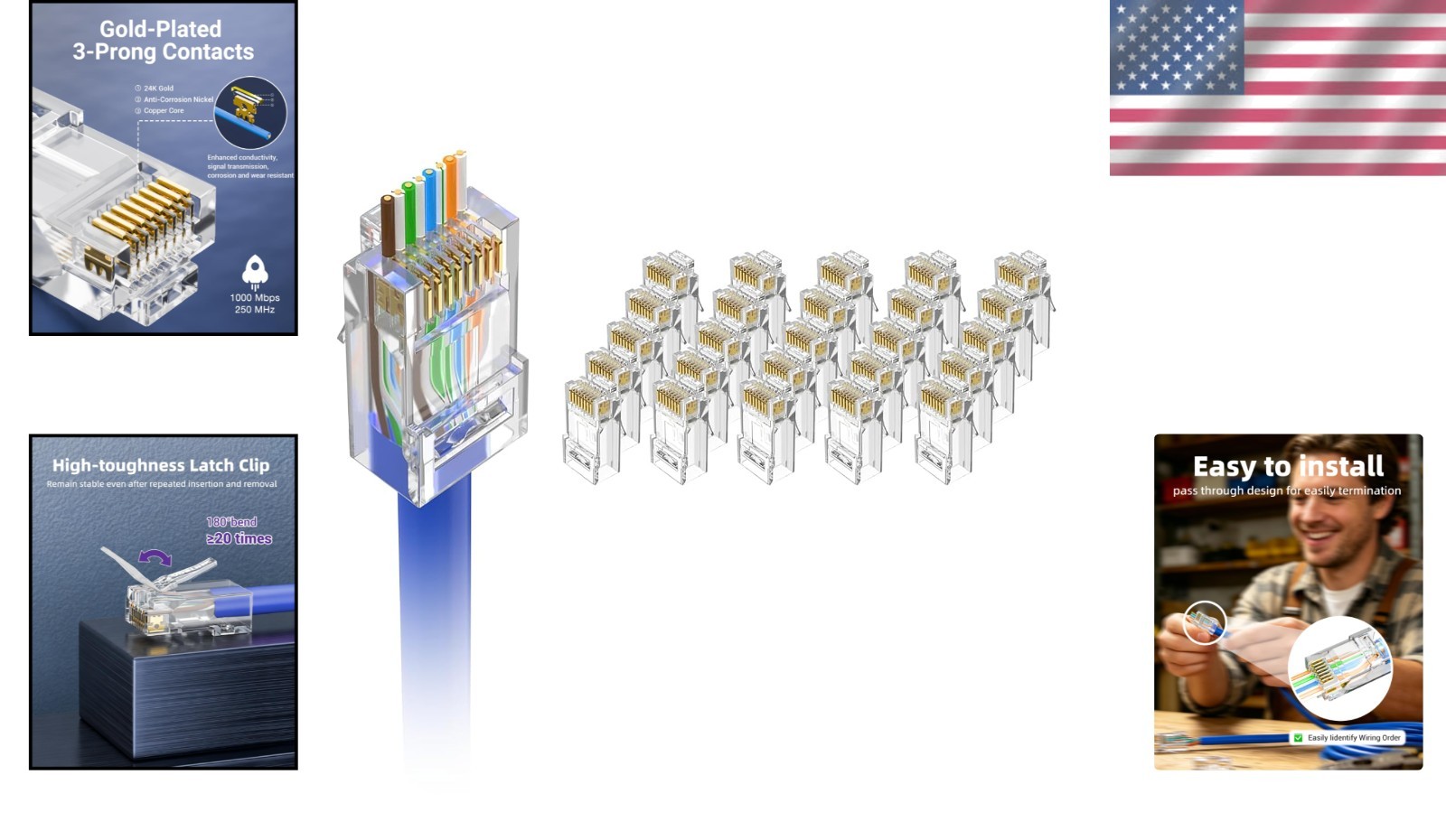 25 Cat6 RJ45 Pass-Through Connectors, Gold Plated, Up To 10 Gbps Transmission