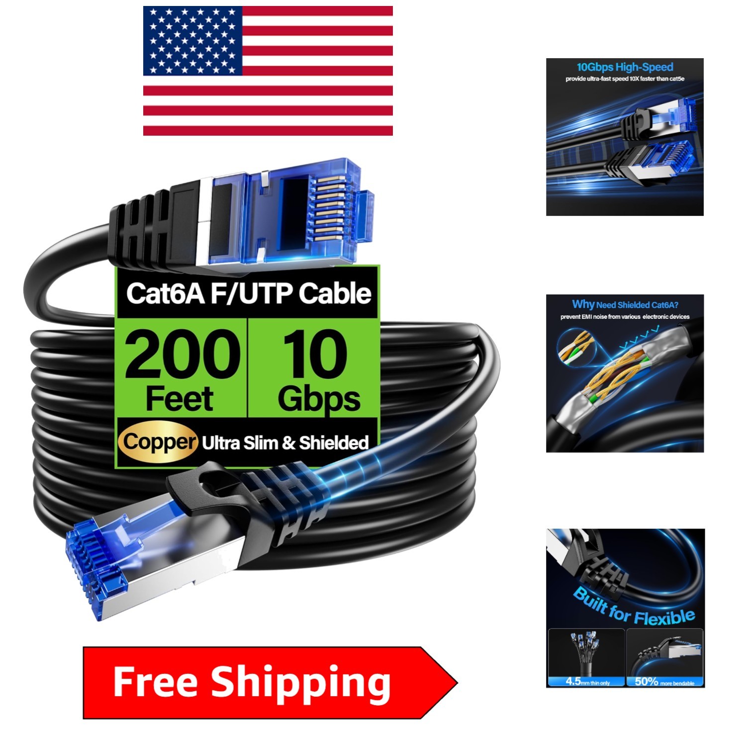 Ultra-Flexible 200ft Cat6A Ethernet Cable – 10Gbps Shielded F/UTP for Gaming