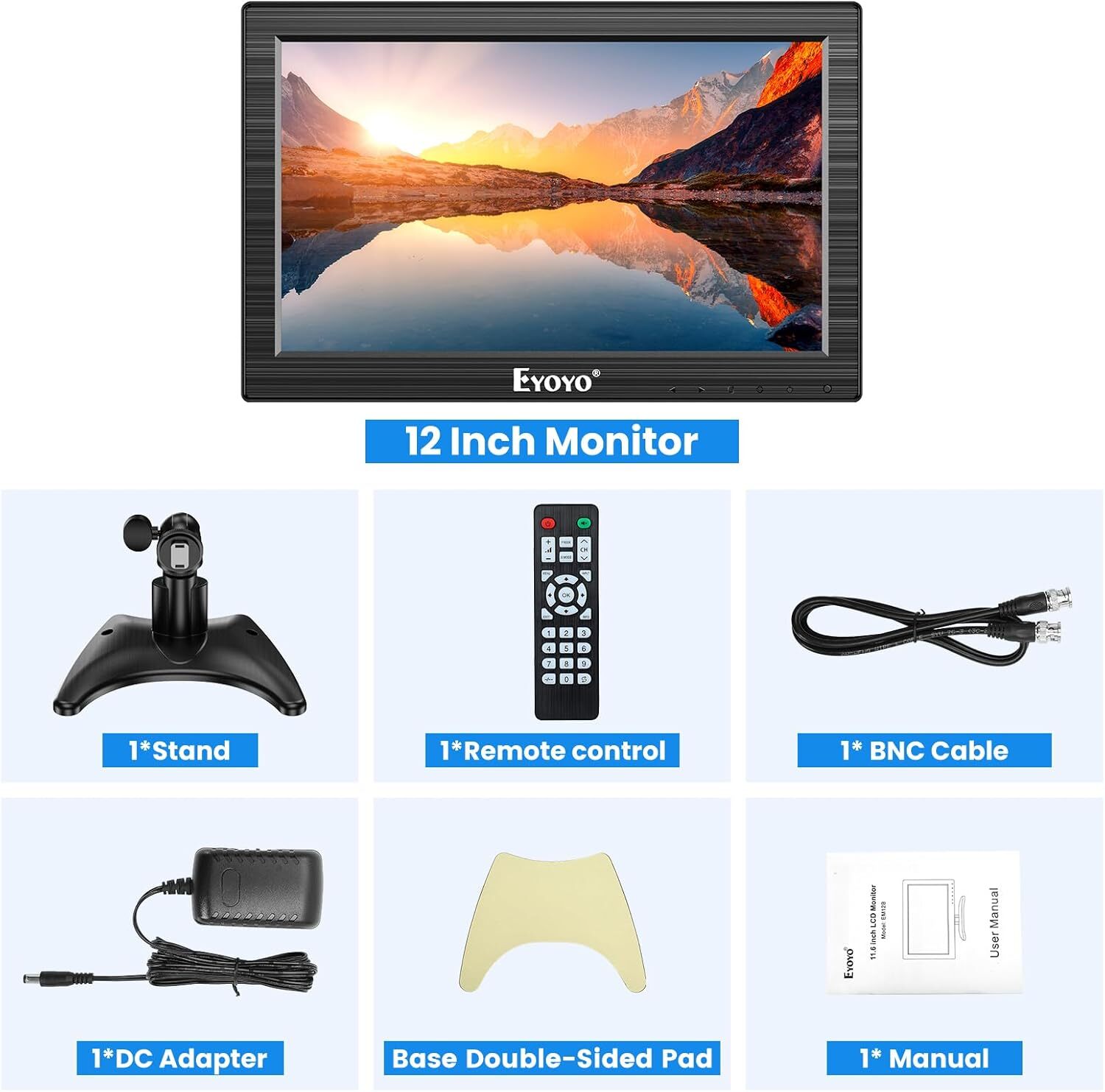 Eyoyo 12″ TFT LCD Monitor with AV BNC HDMI VGA Input 1366×768 for PC CCTV Game