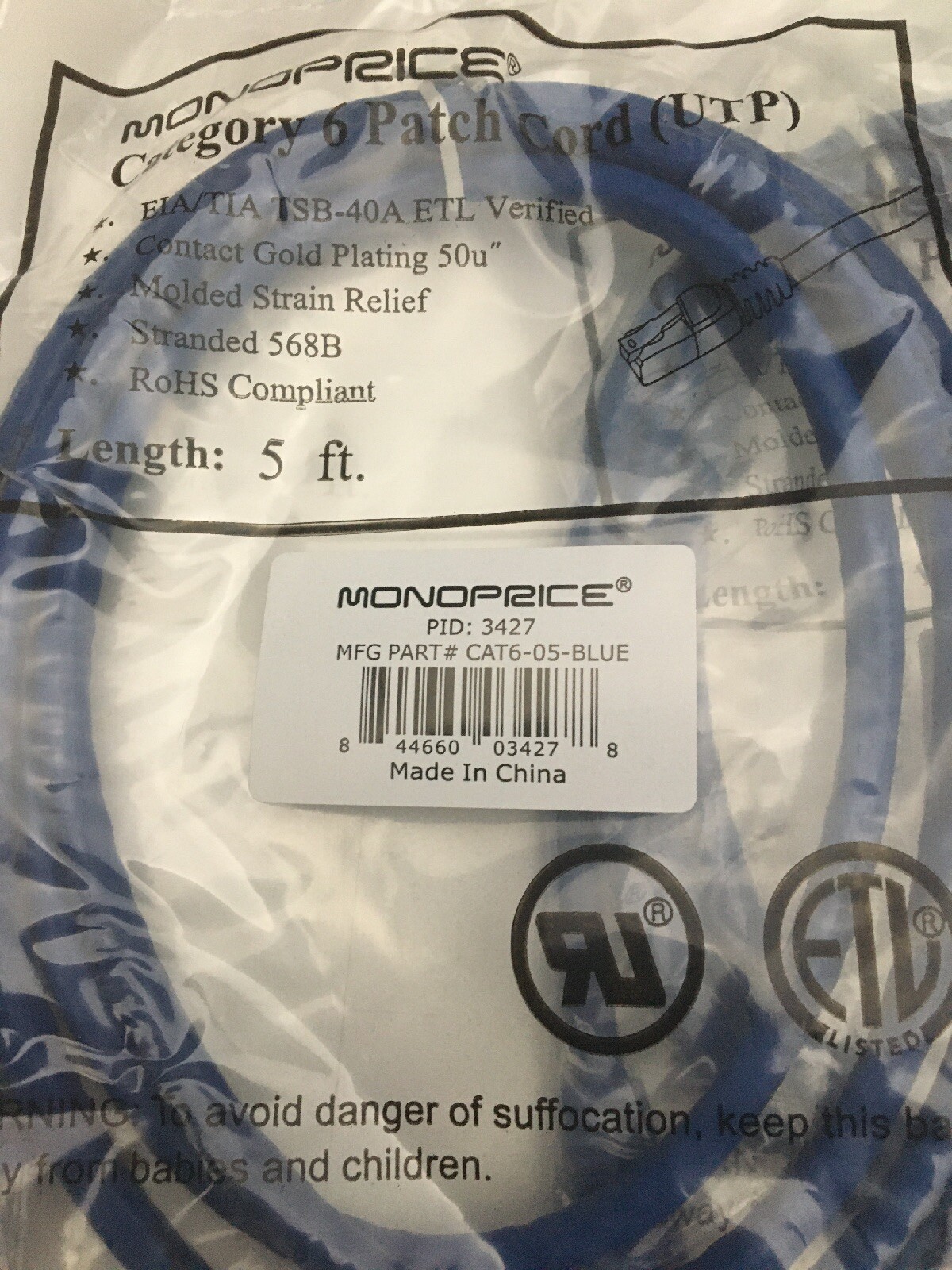 Lot 3 Cat6 Ethernet Patch Cable Network RJ45 Stranded UTP 24AWG 5ft Blue 568b