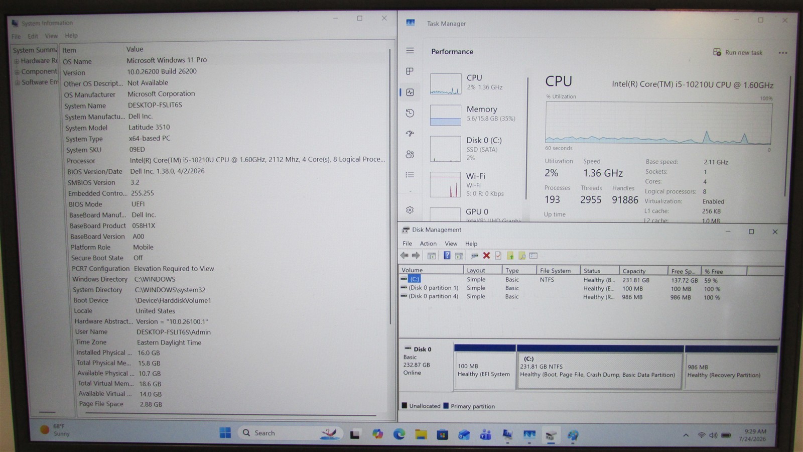 Dell Latitude 3510 i5-10210U 1.6GHz 16GB RAM 250GB SSD 15.6″ Win11 Pro DMG/SPOTS