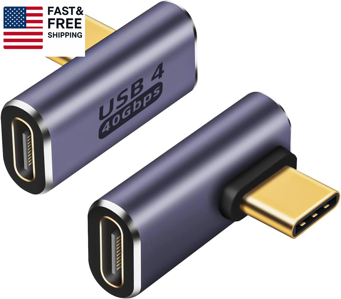 90°Right Angle USB C Male to USB C Female Adapter 2 Pack, 40Gbps USB Type C