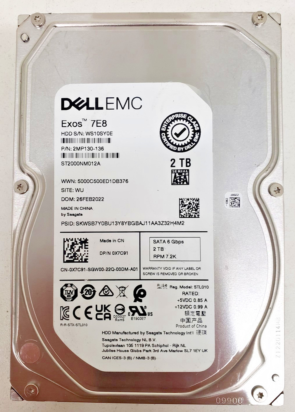 Dell EMC Exos 7E8 2TB 7200 RPM 3.5”Inch SATA III Hard Drive P/N: 2MP130-136 HDD