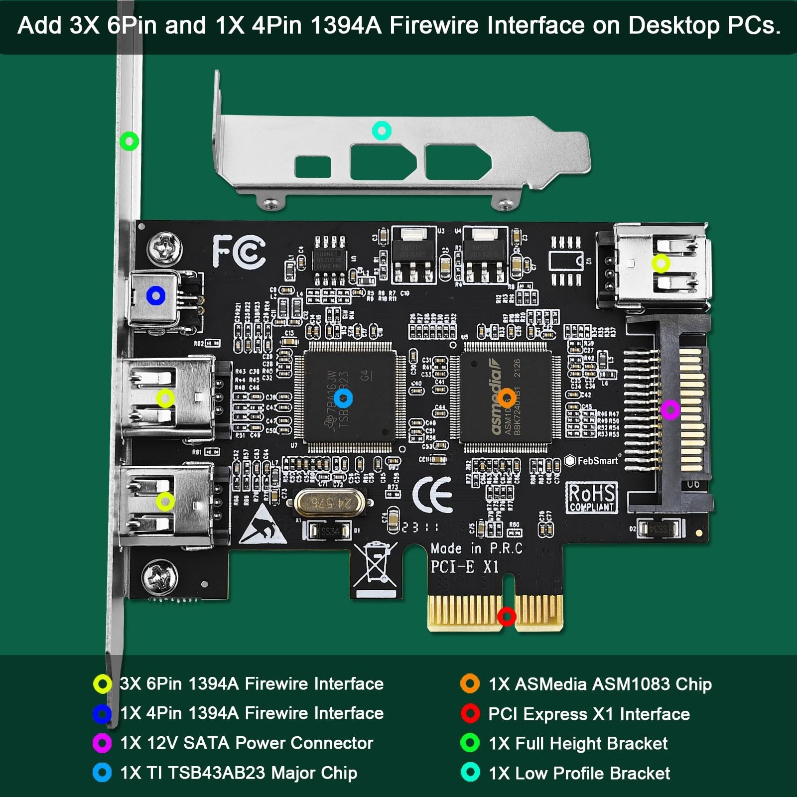 4-Port PCIe Firewire 400 Expansion Card, 1394A, Plug & Play for Windows/MAC, 400