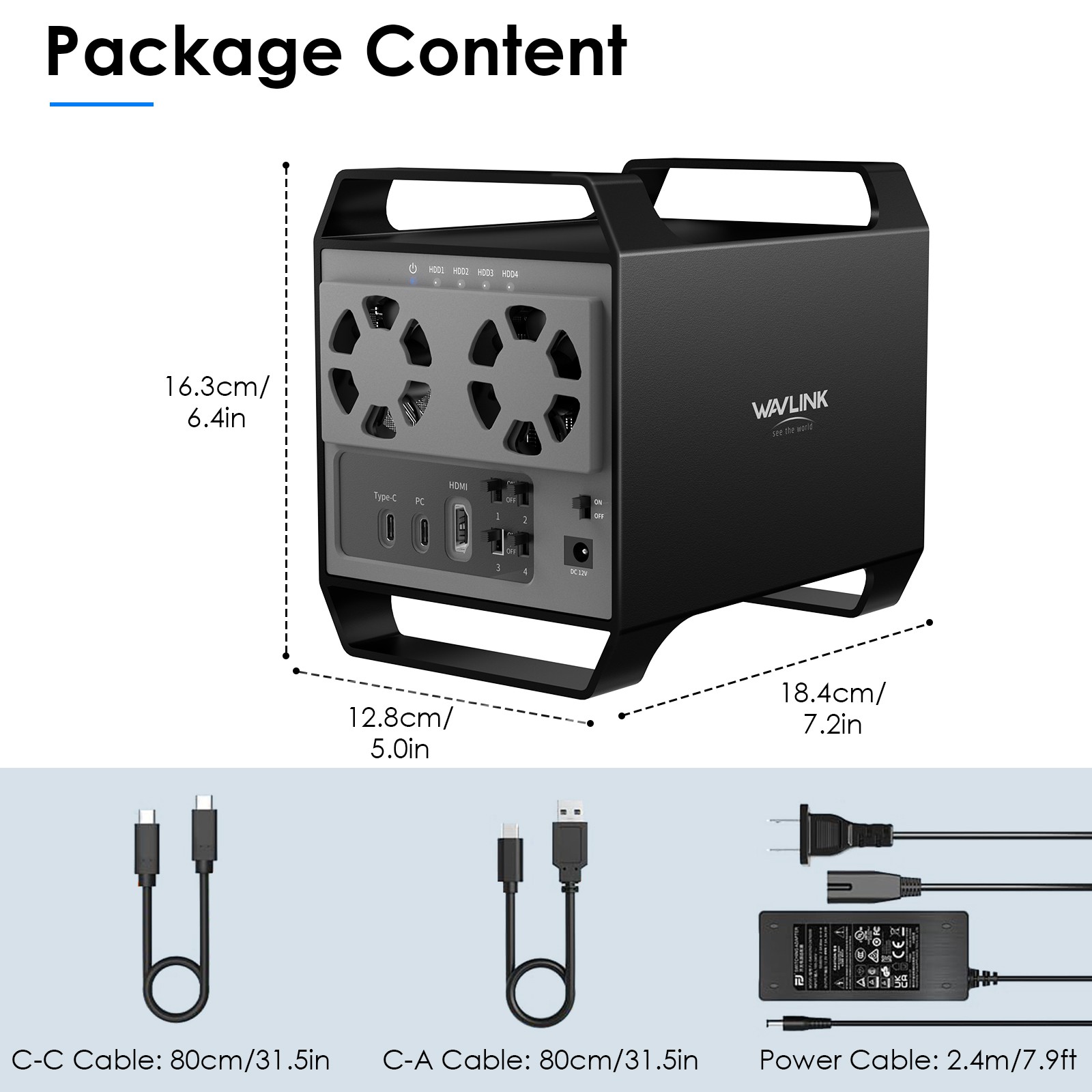 USB3.2 to 4-Bay 2.5”/3.5” SATA HDD/SSD Drive Enclosure w/Cooling Fan 4K HDMI