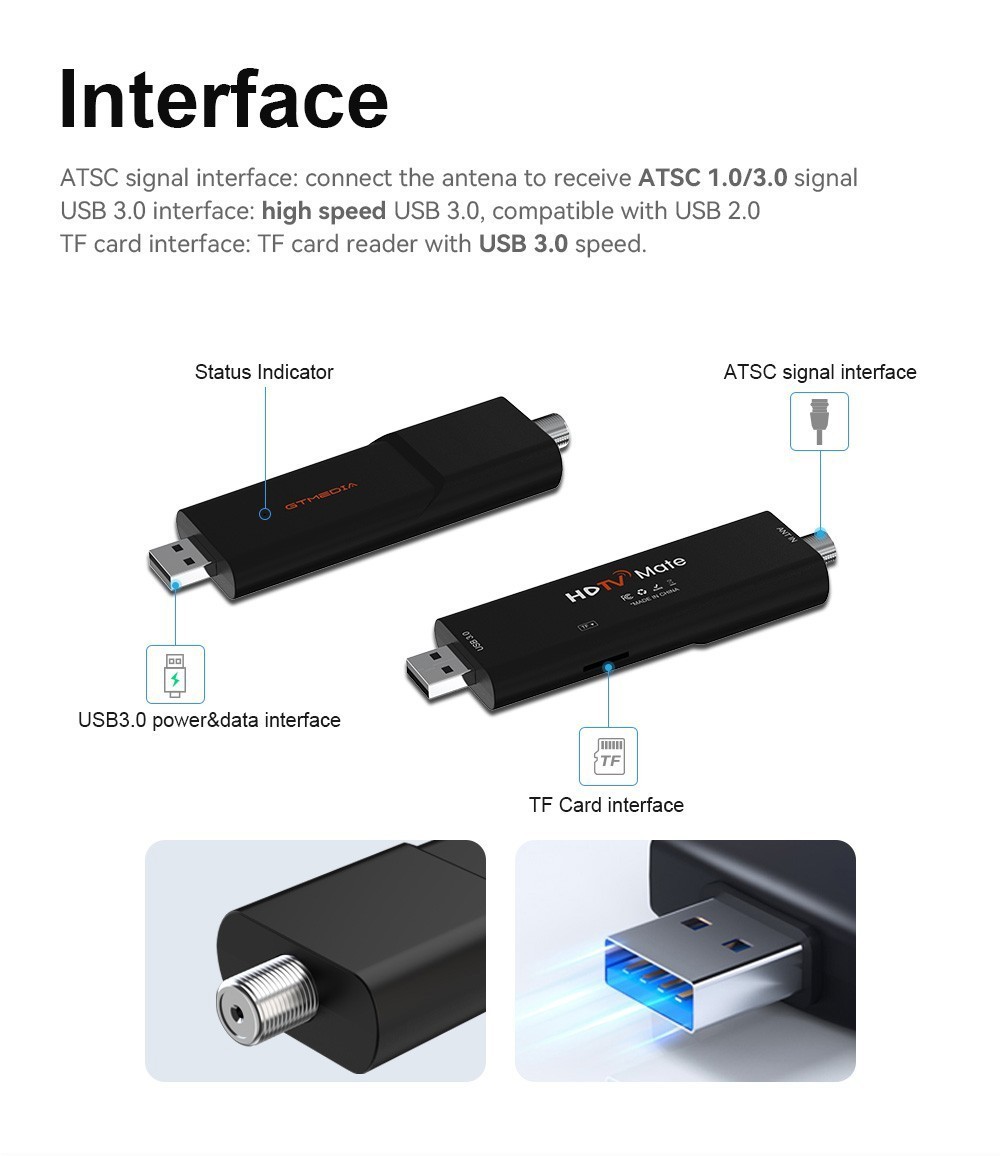 4K ATSC 3.0/1.0 QAM-B TV Tuner Stick over-the-air OTA Signal Meter DVR Record