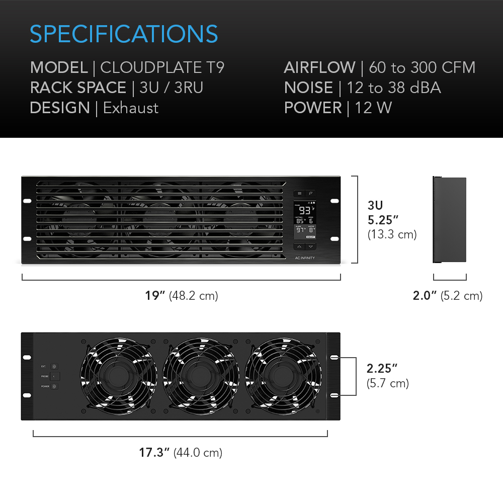 CLOUDPLATE T9, Rack Mount Cooling Fan Panel 3U Exhaust, AV Equipment 19″ Rack