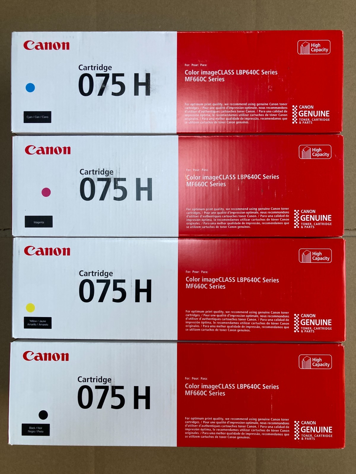 Canon 075 H Black/Cyan/Magenta/Yellow High Yield Toner Cartridge, Pack Of 4
