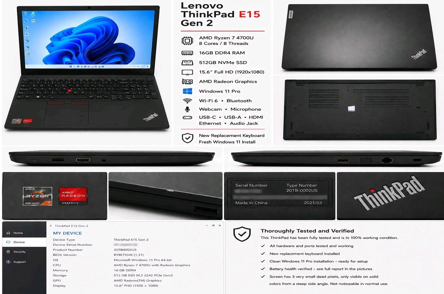 Lenovo ThinkPad E15 Gen 2 15.6″ Ryzen 7 4700U 16GB 512GB Win11Pro *NO CHARGER*