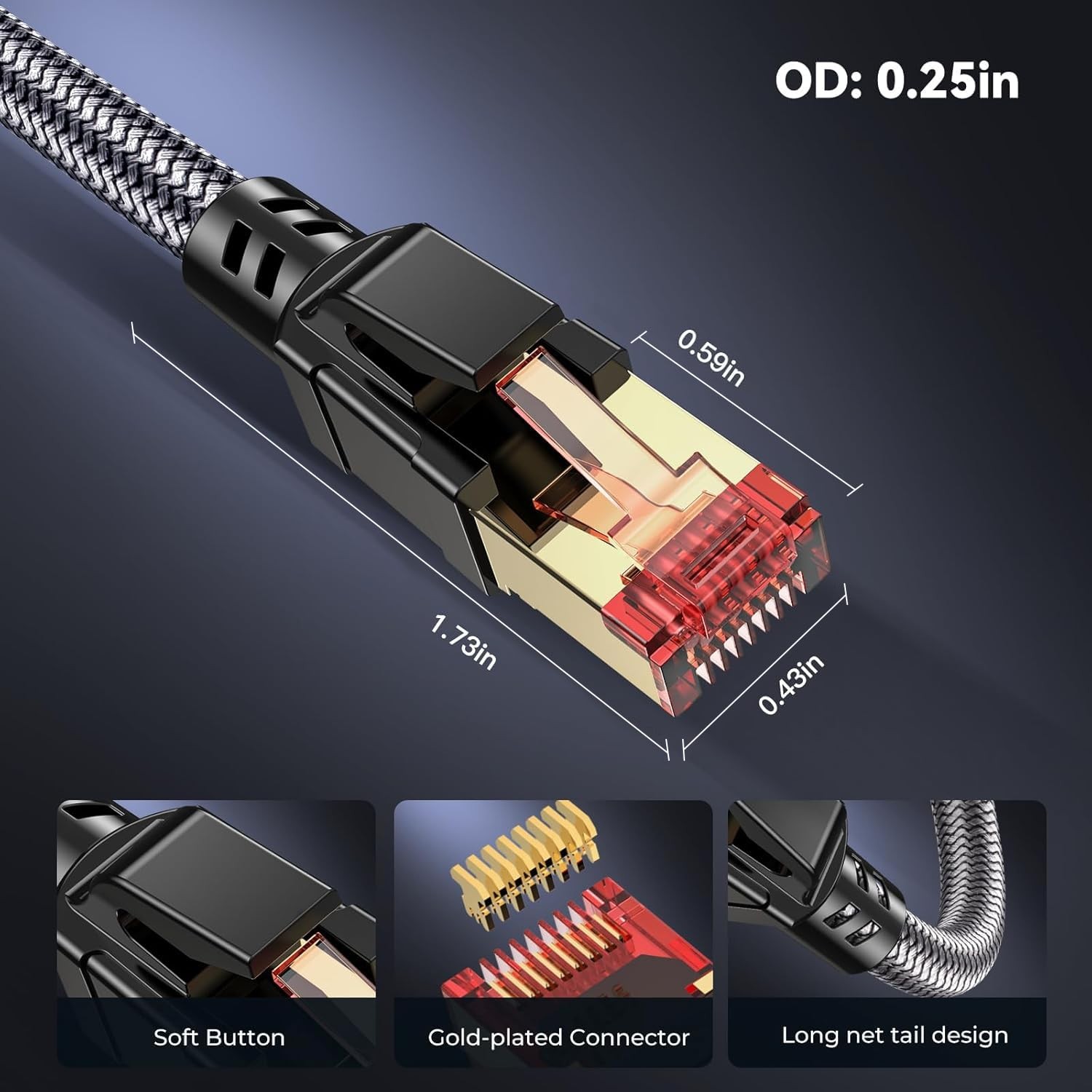 Ltemziiy Cat 8 Ethernet Cable 1.5 ft, 40Gbps 2000Mhz High Speed 1.5ft, Grey