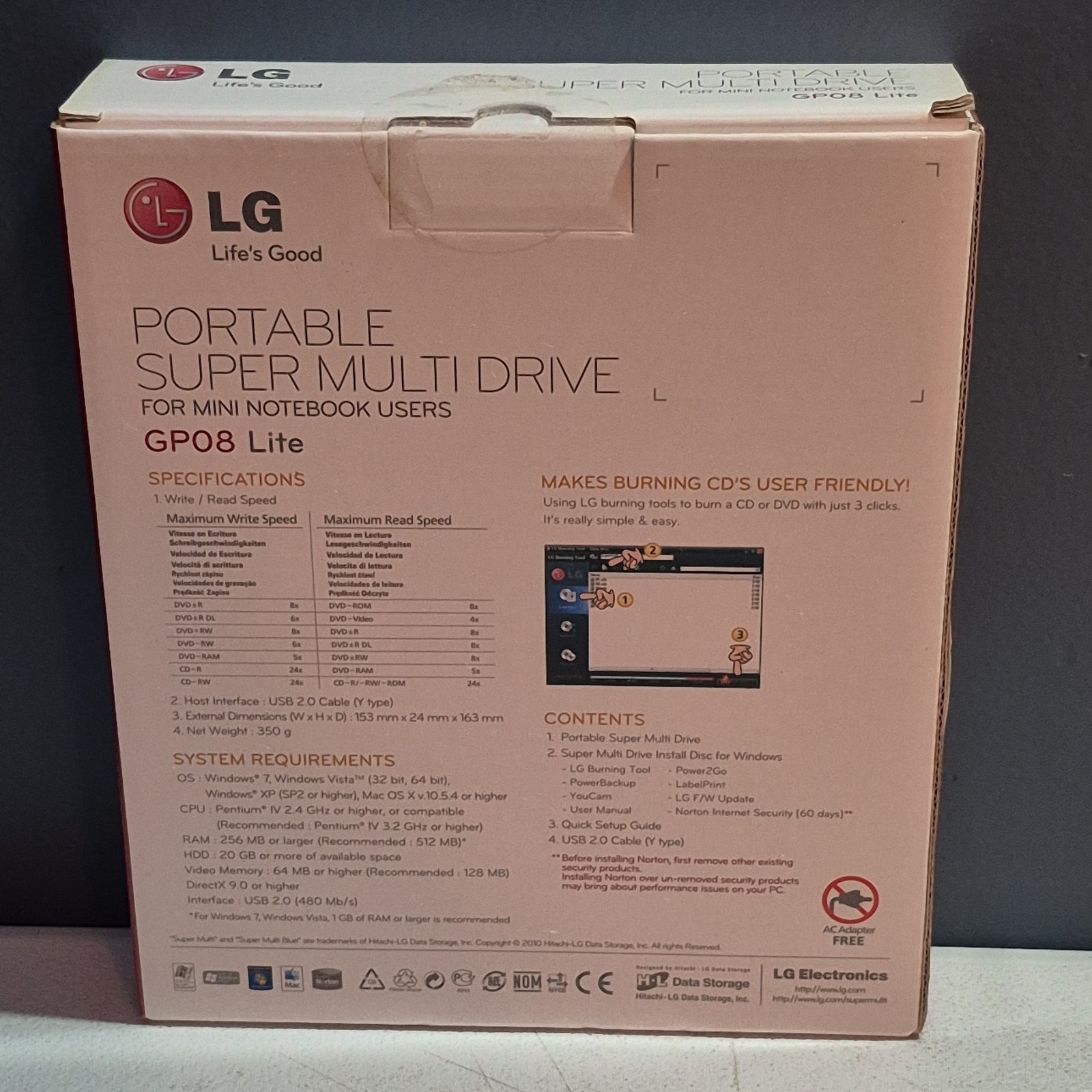 LG GP08 Lite Portable Super Multi Drive External DVD Writer USB Complete in Box