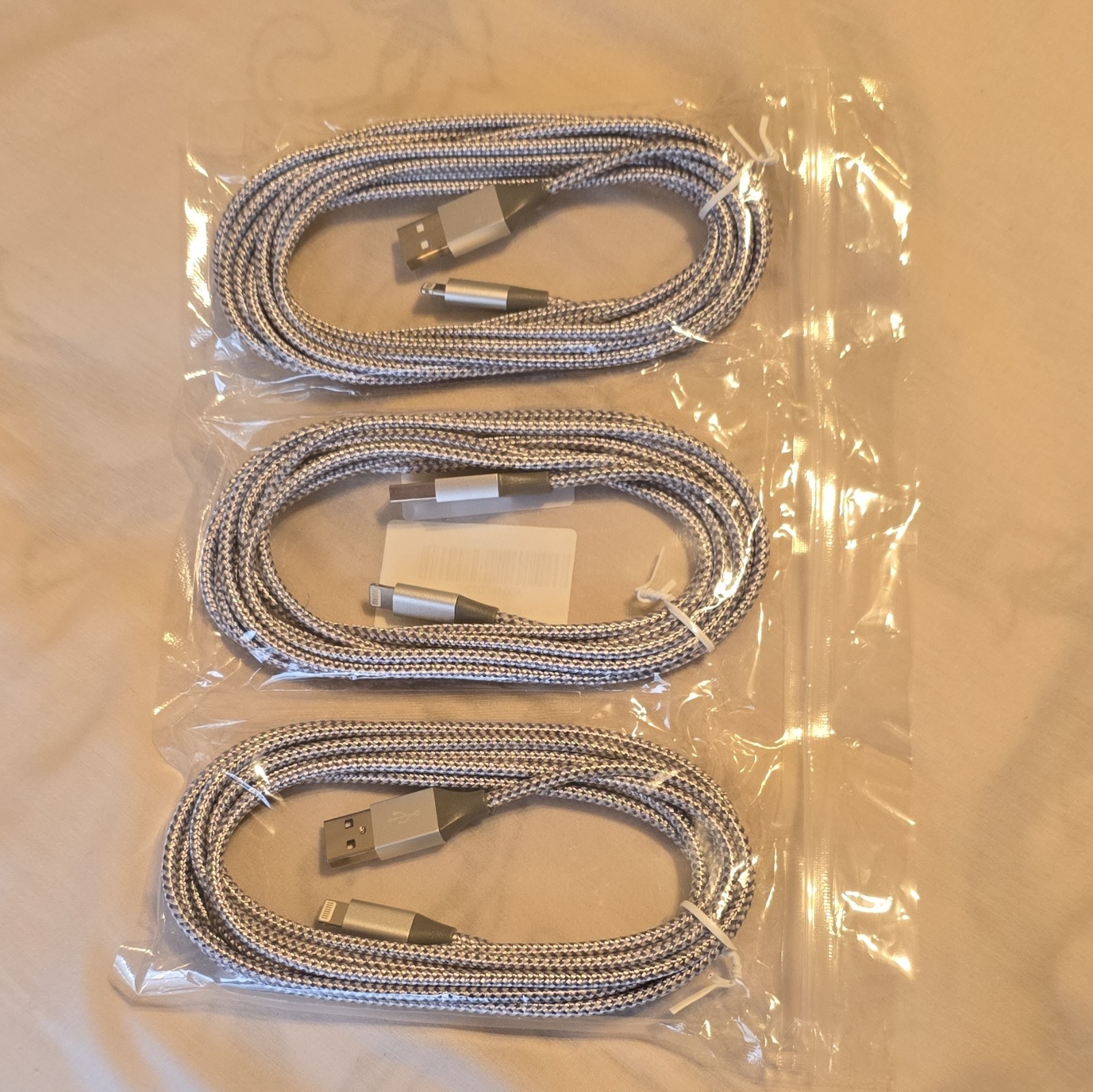 3-Pack Braided USB to Lightning 6ft Cables Gray White For Apple Universal