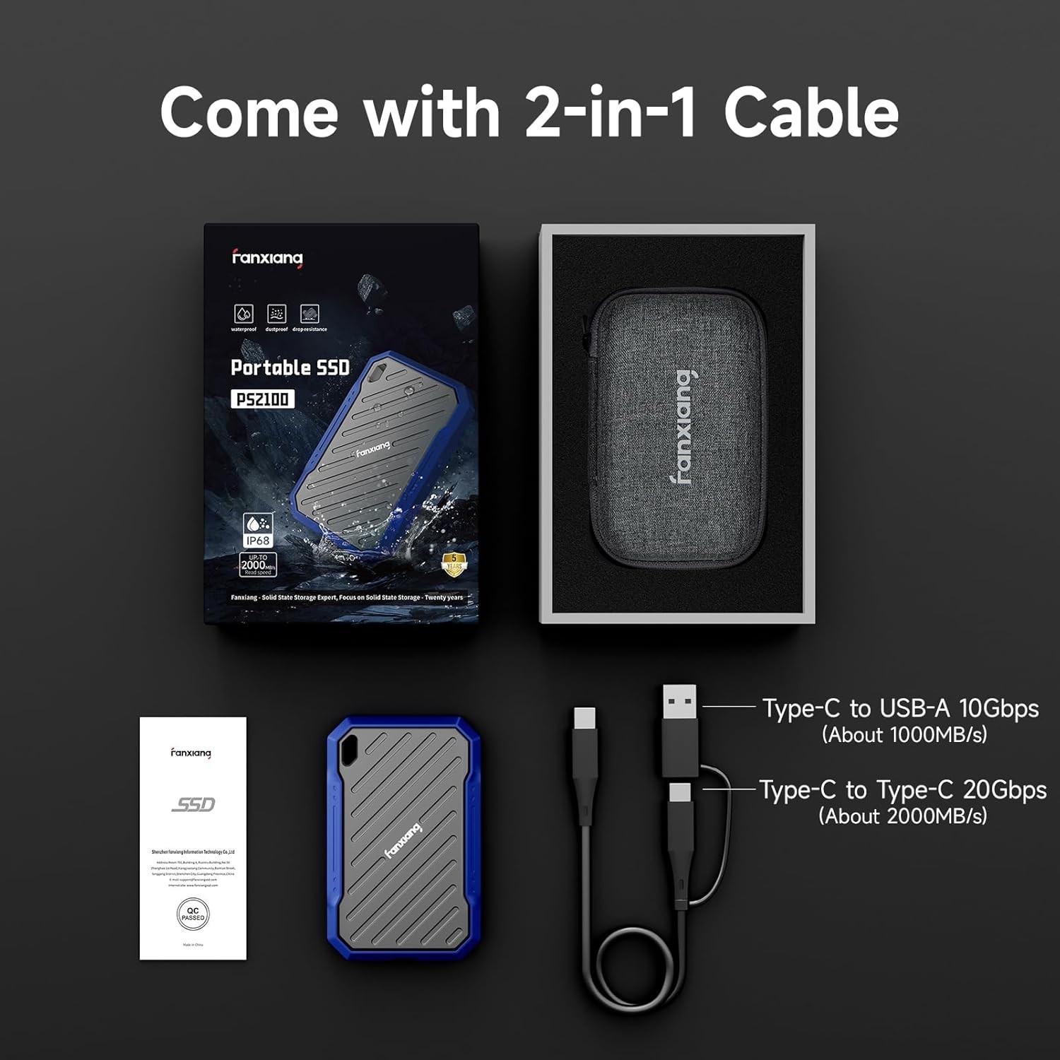 2TB External Portable SSD, Up to 2000MB/s USB 3.2 Gen2*2, Water and Dust Res…