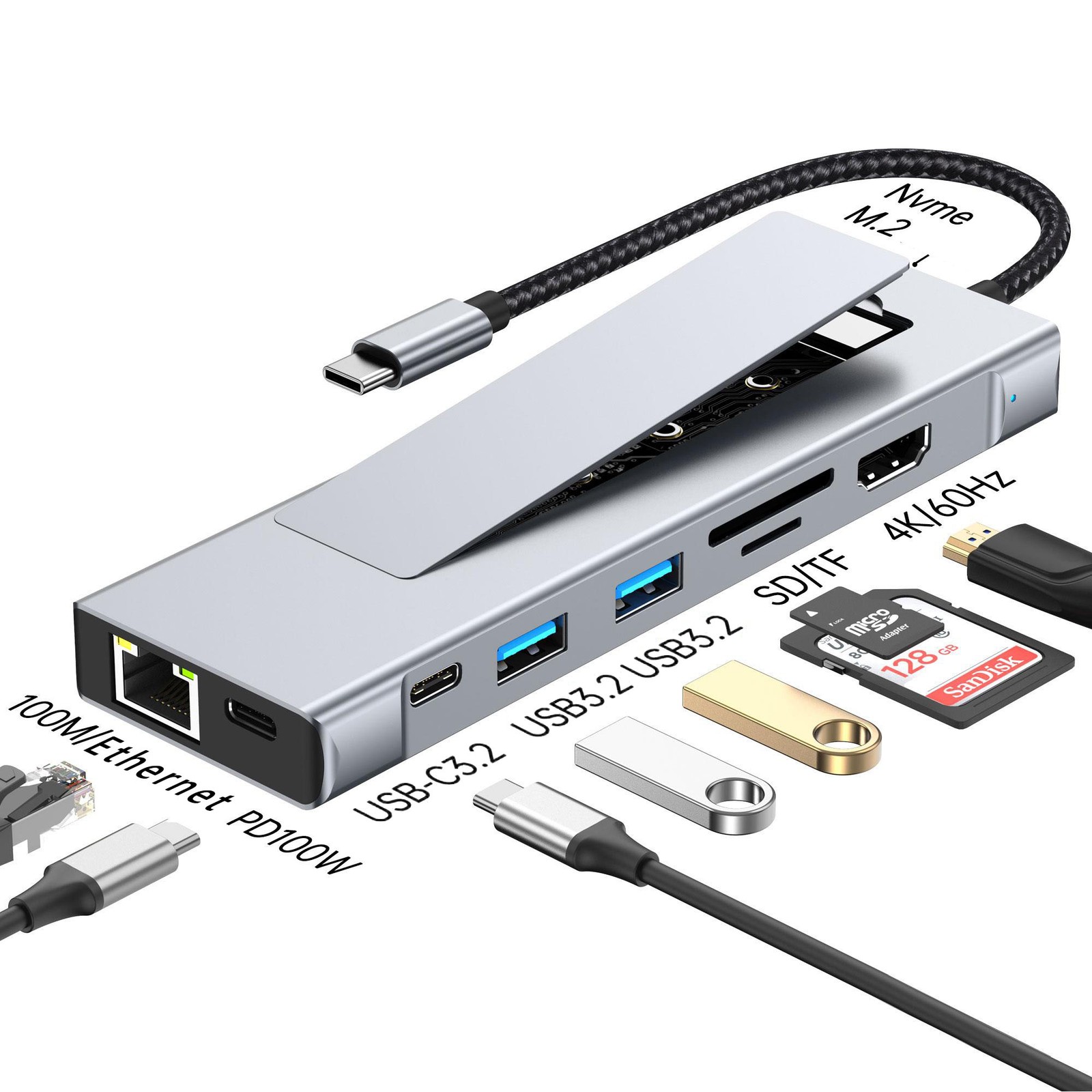 USB C Hub with M.2 NVMe SSD Enclosure 4K/60Hz PD Type-C USB 3.2 Ethernet SD/TF
