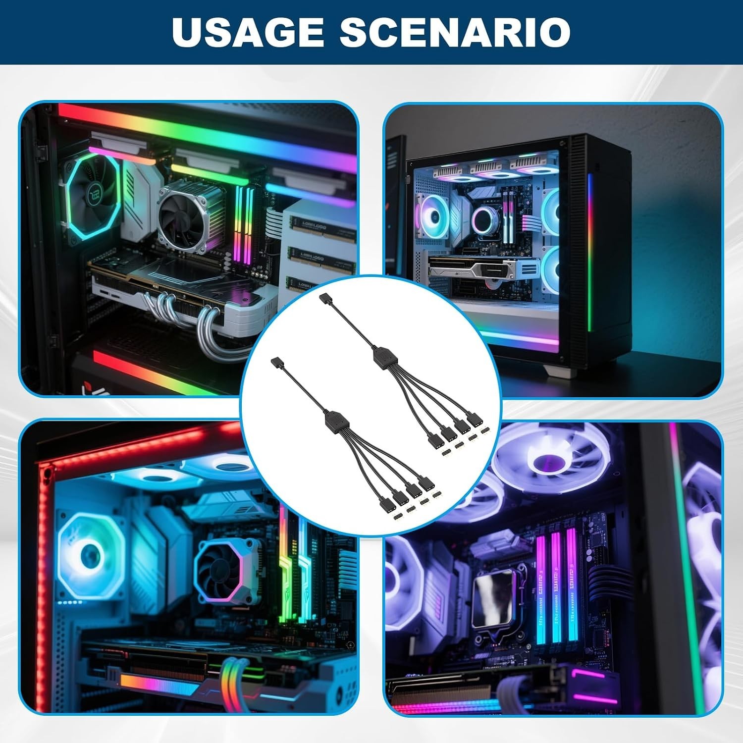 2 Pack 3Pin 5V ARGB Extension Cable Set with 8 Male Pins, 1-To-4 Addressable RGB