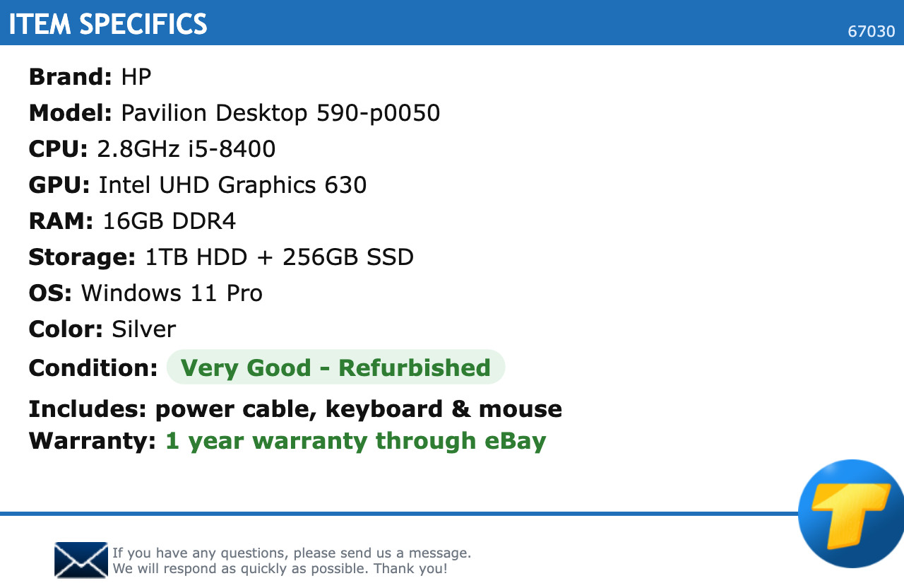 HP Pavilion Desktop 590-p0050 – 2.8GHz i5, 16GB RAM, 1TB HDD + 256GB SSD