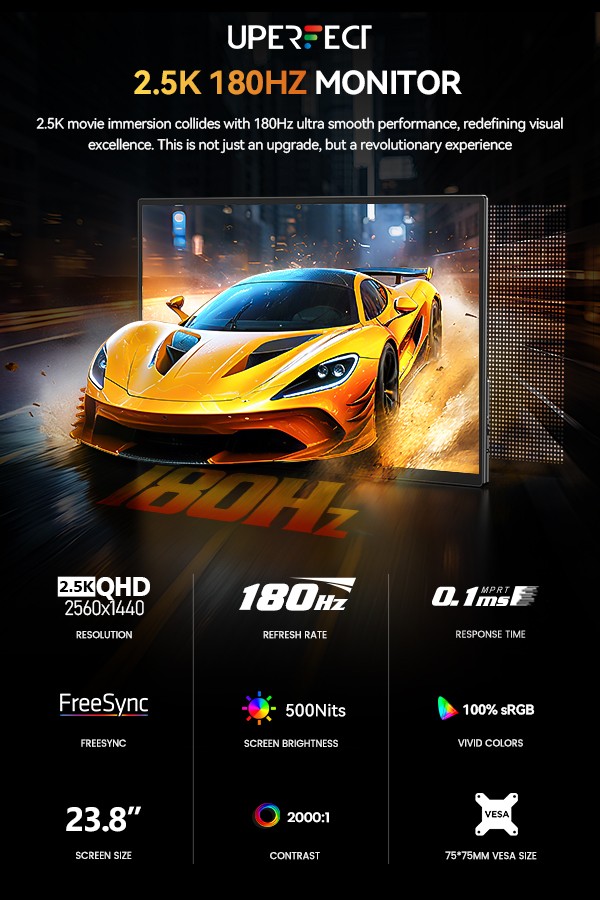 23.8″ Portable Monitor 2000:1 Screen PC Monitor 2560*1440 180Hz Screen HDMI HDR