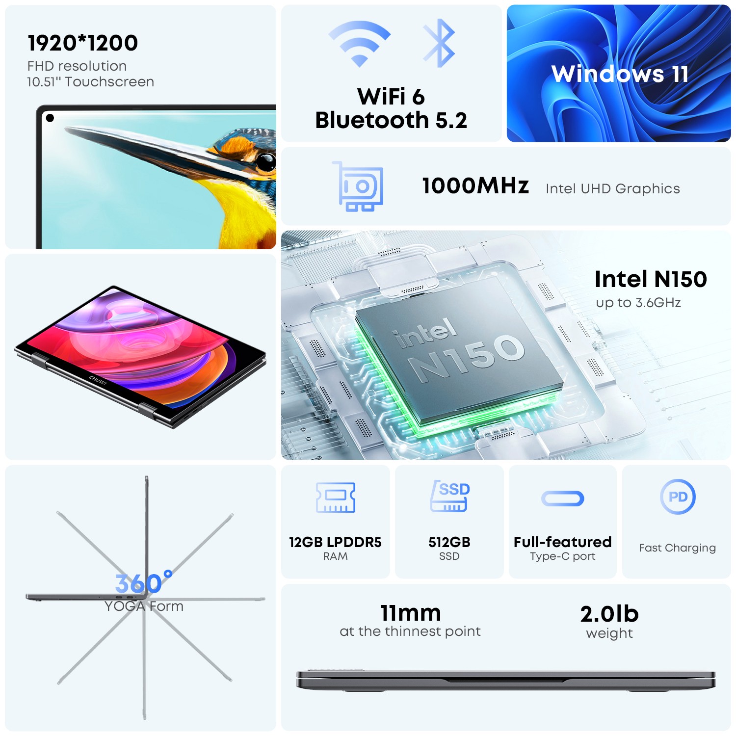 CHUWI MiniBook X 2-in-1: 10.5″ FHD Touchscreen 16GB/512GB Intel N150 Windows 11