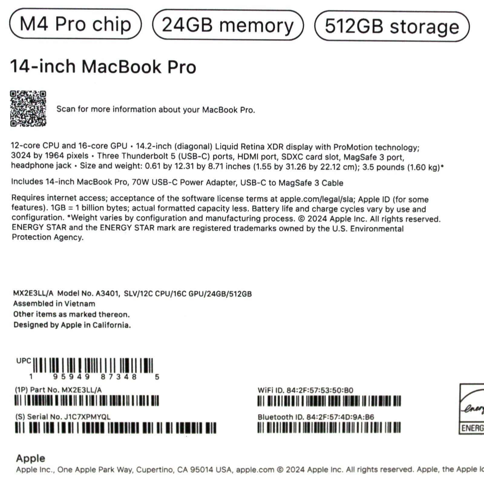 Apple | MX2E3LL/A | A3401 MacBook Pro | 24Gb Memory | 512Gb Storage – Open Box