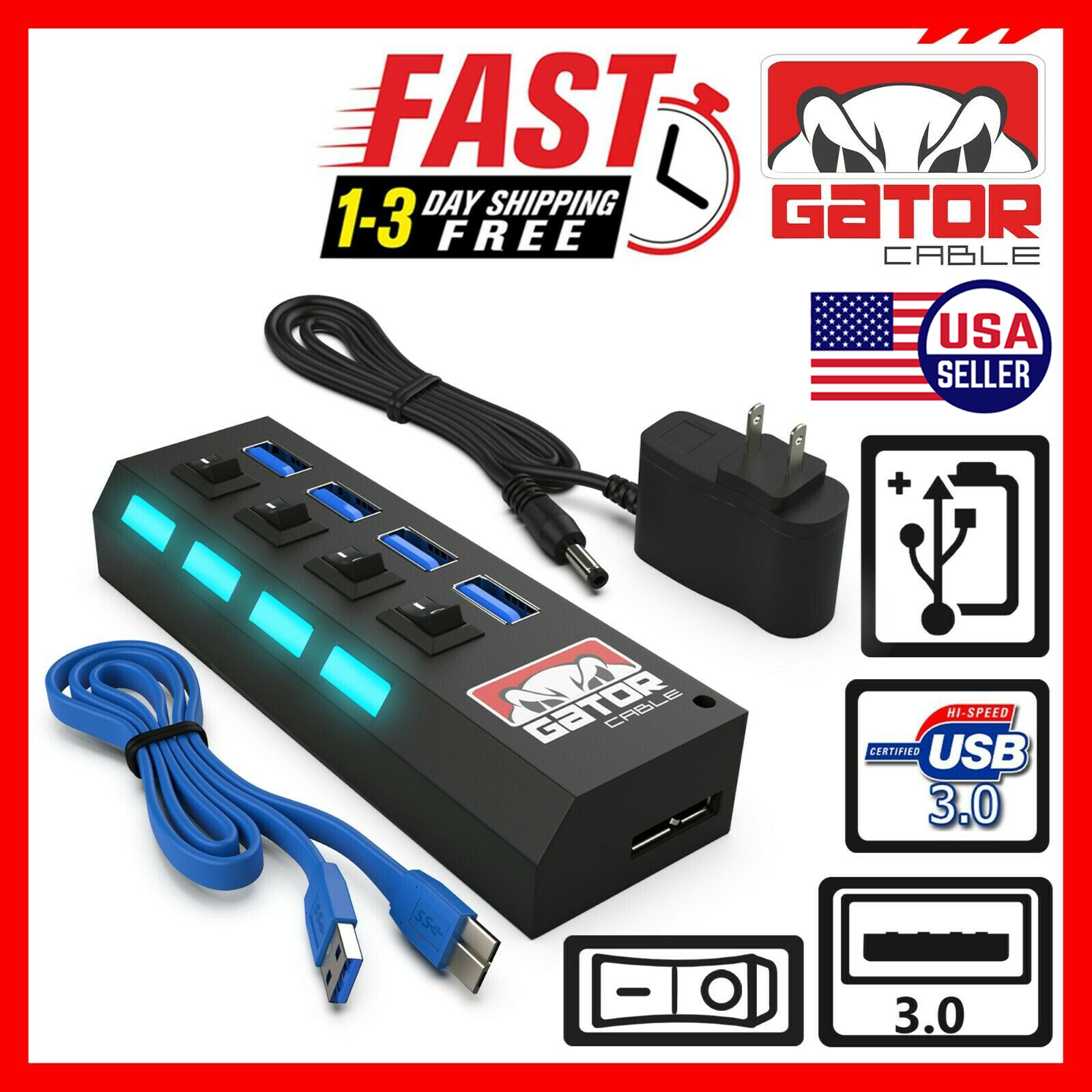 USB 3.0 HUB 4-Port Switch Splitter Charger Adapter Powered for PC Laptop Desktop
