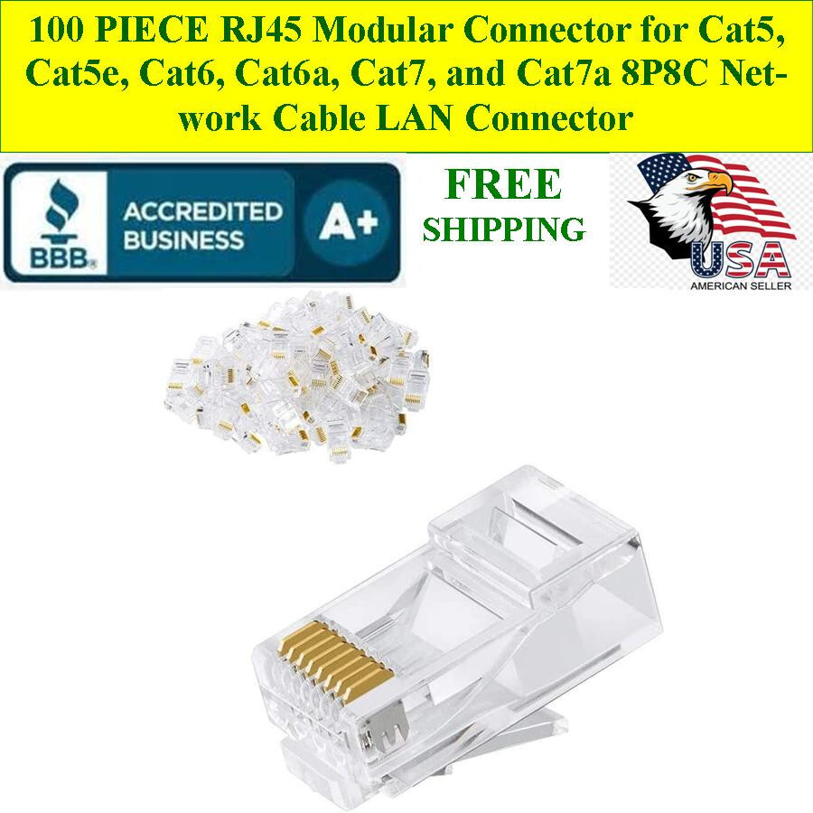 100 PACK RJ45 Modular Cat5, Cat5e, Cat6, Cat6a, Cat7, and Cat7a 8P8C Gold Plated