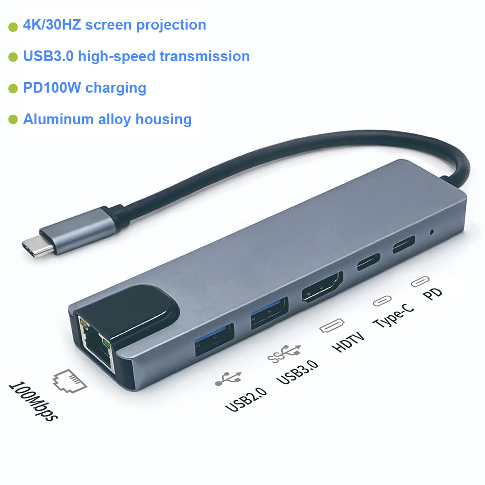 6 in 1 USB C HUB Type-C Multi USB Port 4K HDMI Adapter Dock RJ45 Ethernet USB-C