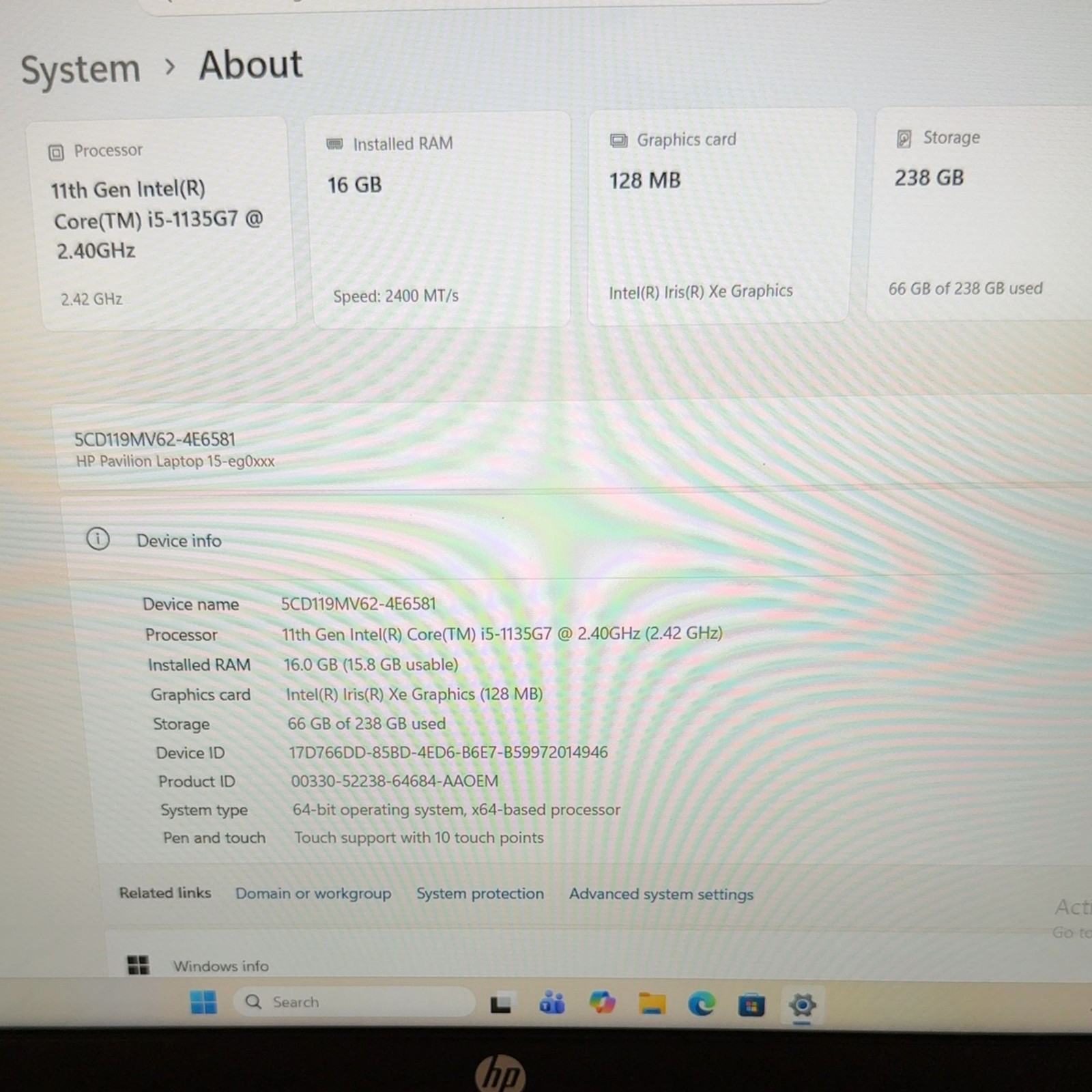 HP Pavilion 15-eg00xx 15.6″ i5-113G7 16GB RAM 256GB SSD Win 11 Pro Touch