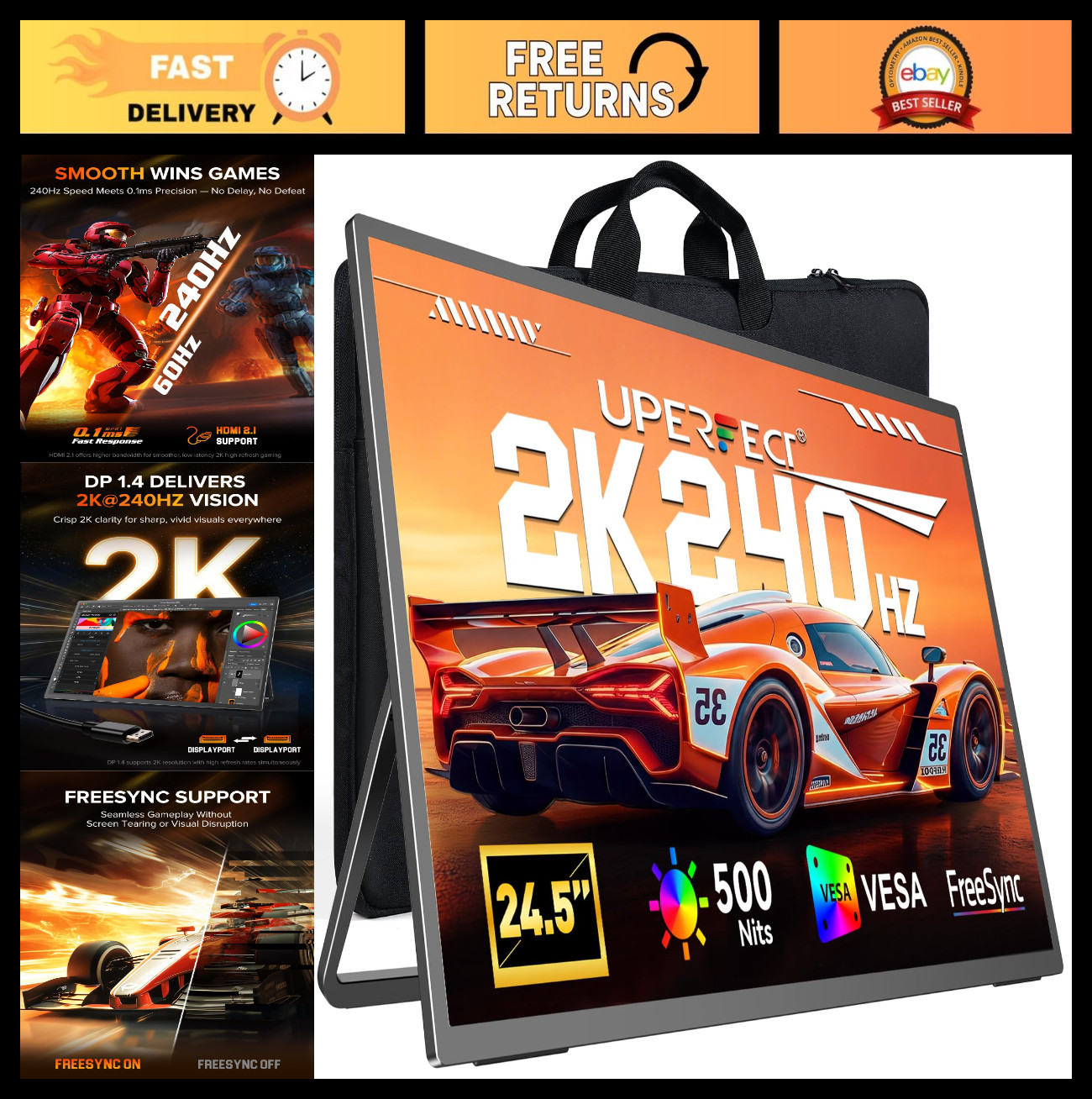 24.5″ 2K 240Hz Portable Gaming Monitor – 2560×1440 QHD, 0.1ms, HDR, HDMI & DP