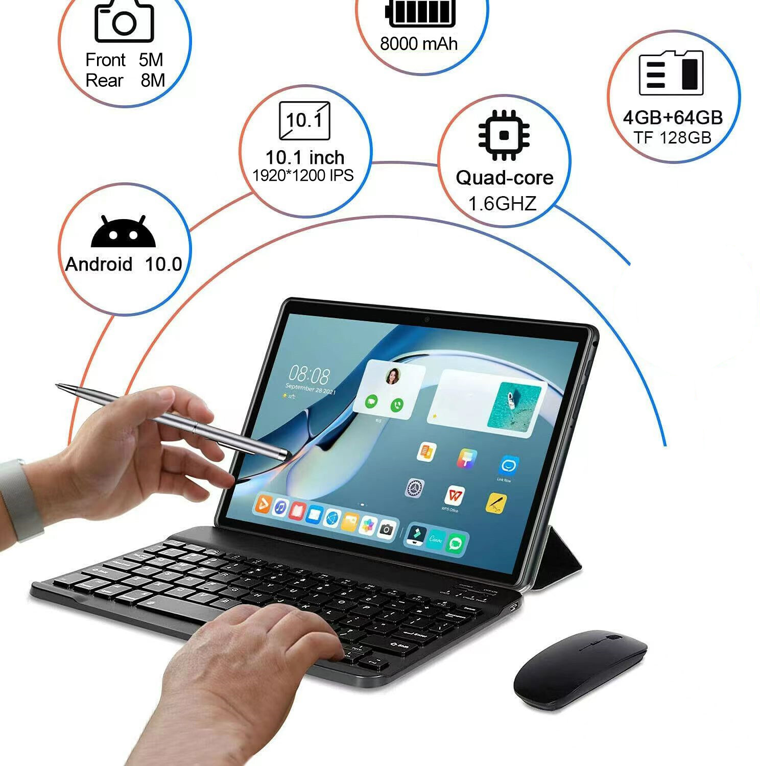 Tablet 10 Inch Android 11, 4GB RAM 64GB ROM 1920×1200 IPS w Keyboard/Mouse