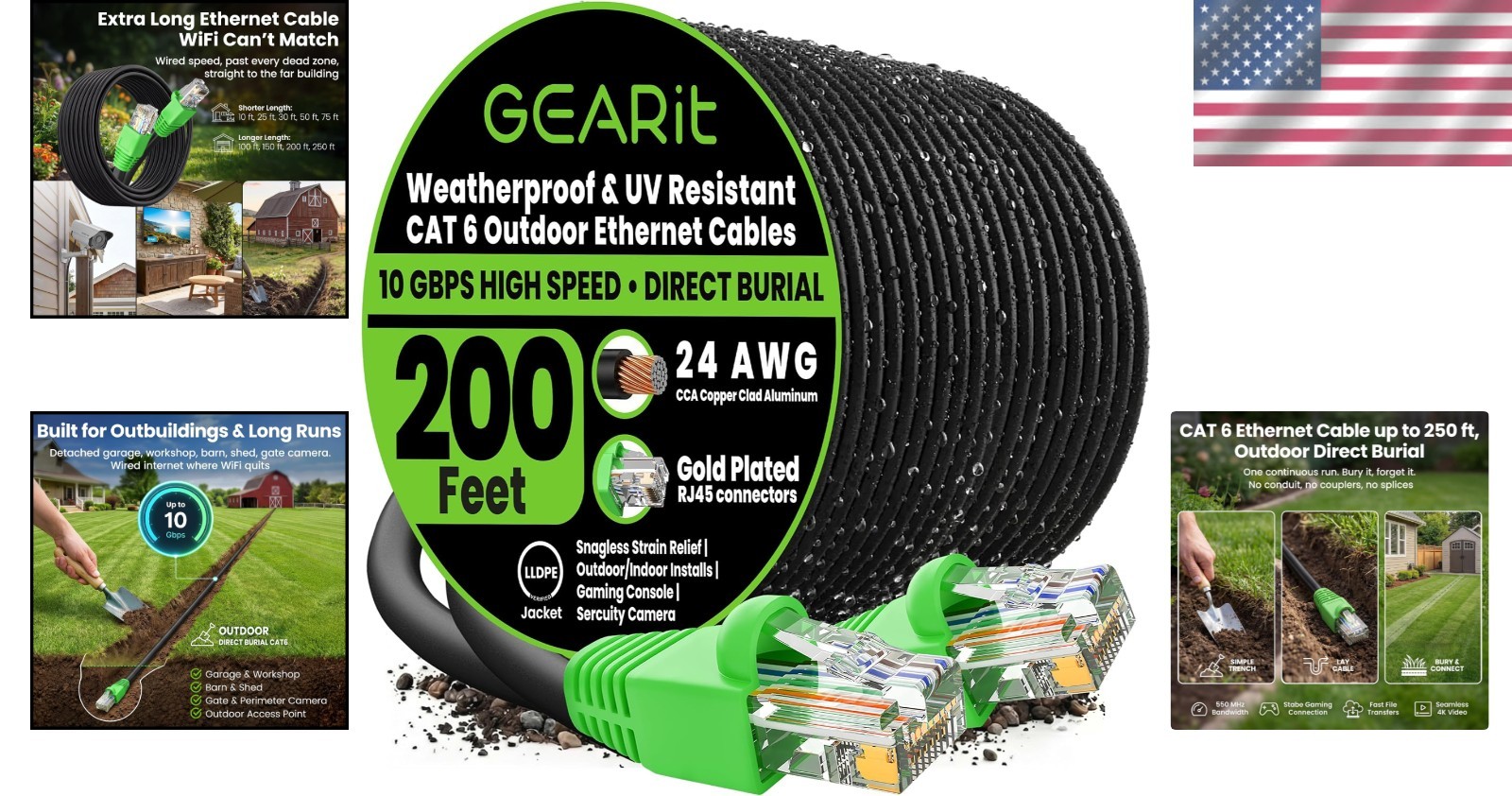 Outdoor Cat6 Ethernet Cable 200ft – High-Speed Up to 10Gbps with RJ45 Connectors