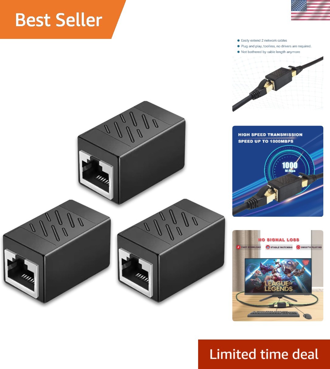 High-Speed 3 Pack RJ45 Ethernet Coupler – Connect & Extend Your Network Cables