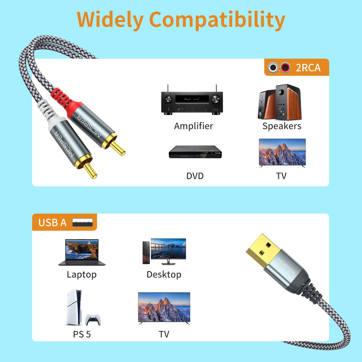 MCSPER USB to 6.6 feet, Gold (connectors), likely Black or White (insulation)