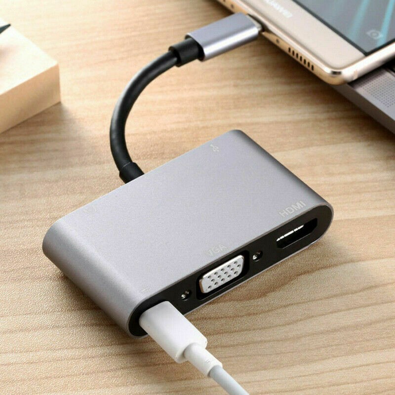 Type C to HDMI/VGA/USB 3.0/3.5mm Audio/USB-C PD Port Adapter 5 in1 Converter Hub