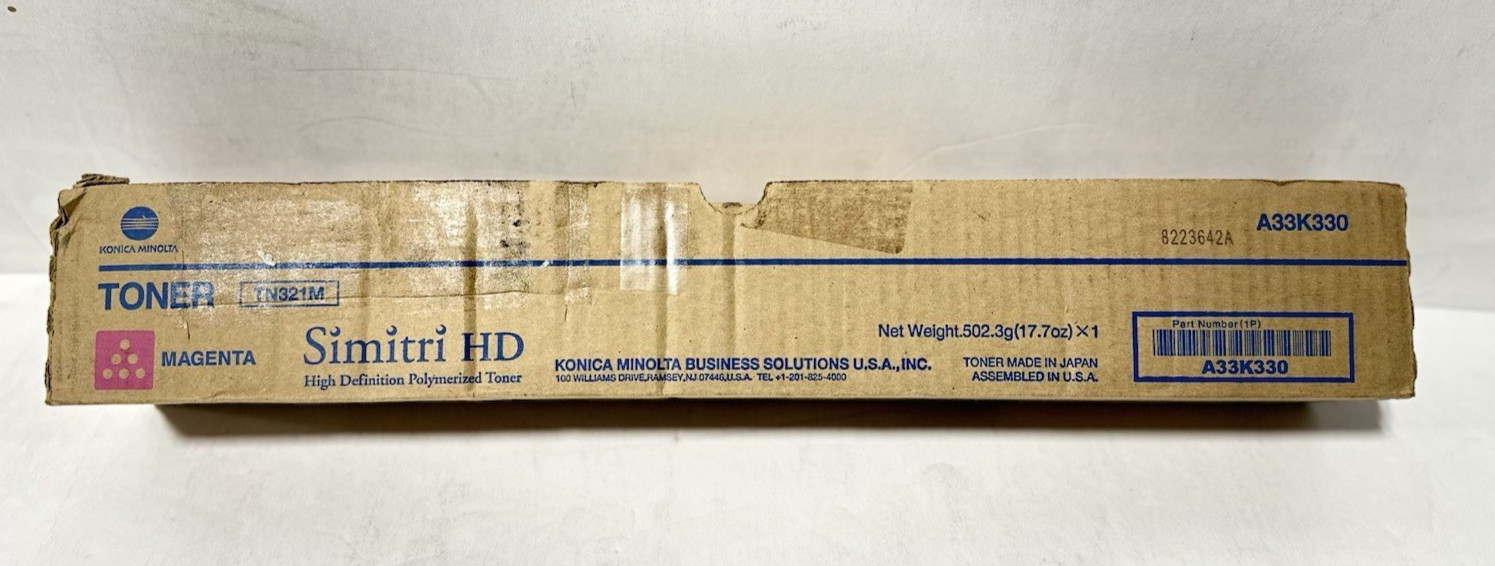 Genuine Konica Minolta TN321M (A33K330) Magenta Toner Cartridge-Open/Worn Box