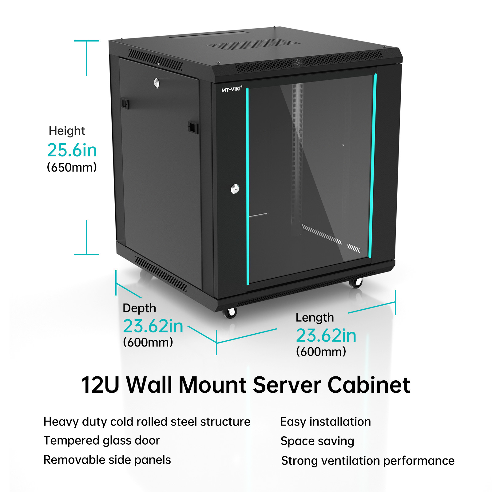 MT-VIKI 12U Server Cabinet Network Rack Vented Enclosure w/Moving Wheel for 19”