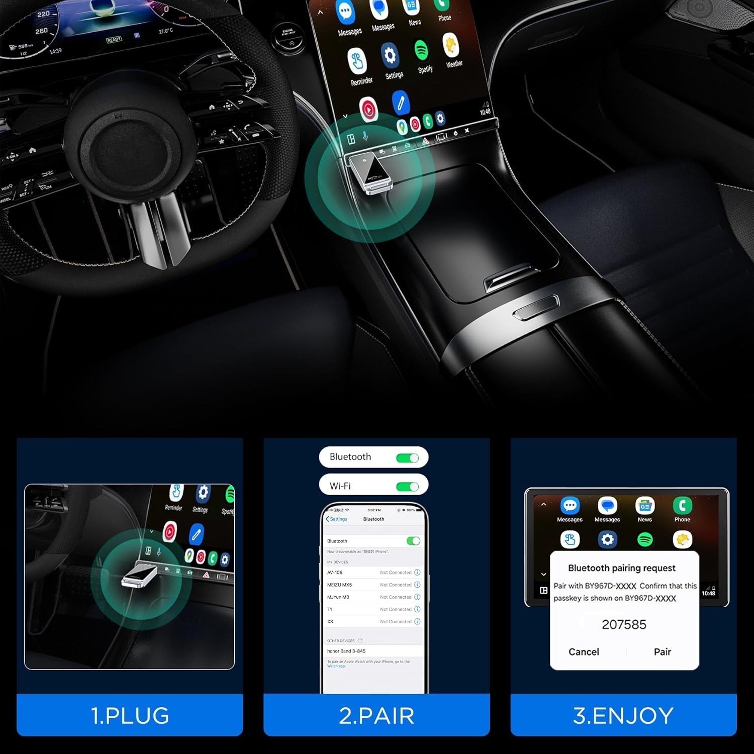 Android Auto Wireless Adapter, Convert Factory Wired to Wireless, Plug and Play