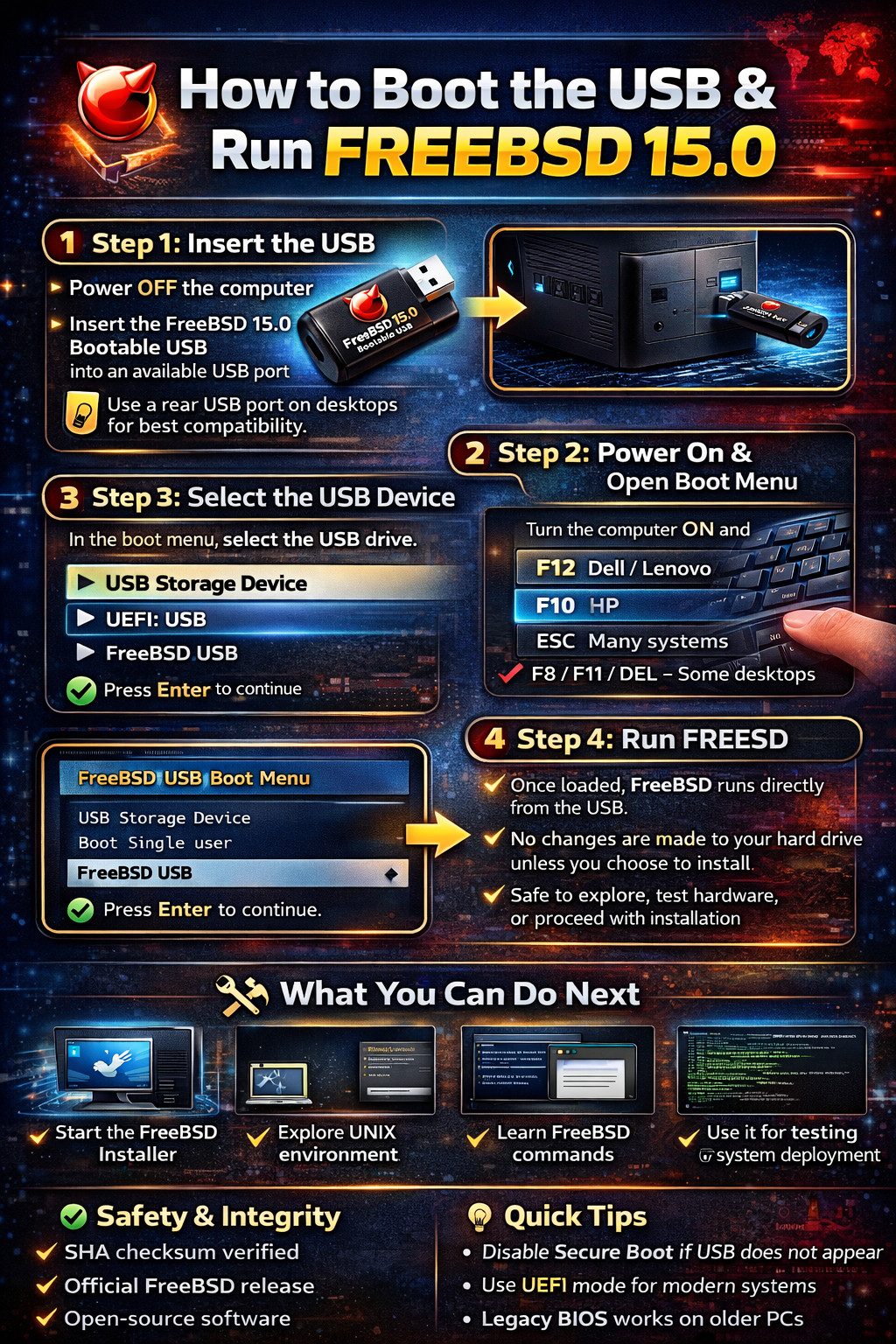 FreeBSD 15.0 Open Source UNIX OS Bootable USB | Live & Installer | UEFI & Legacy