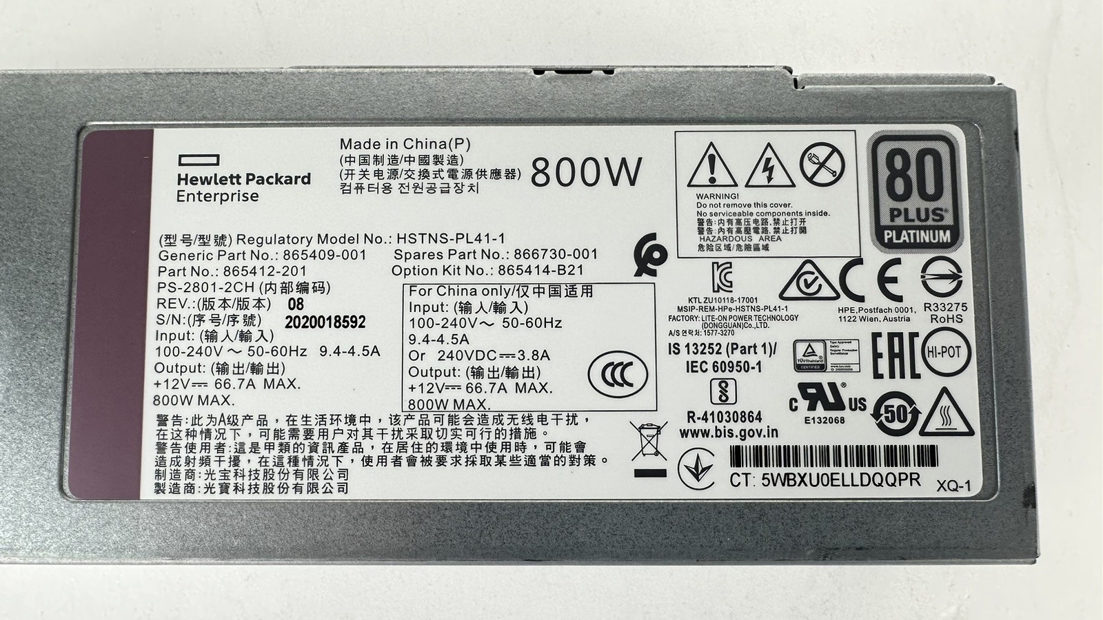 Lot of 10 x HPE 800W Platinum Power Supply 100V-240V AC PSU Gen10 866730-001 10x
