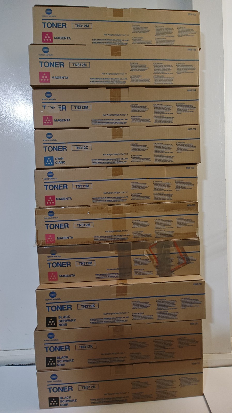 Lot of 10 – Konica Minolta (3) TN312K, (6) TN312M, (1) TN312C – Bizhub C300 C352