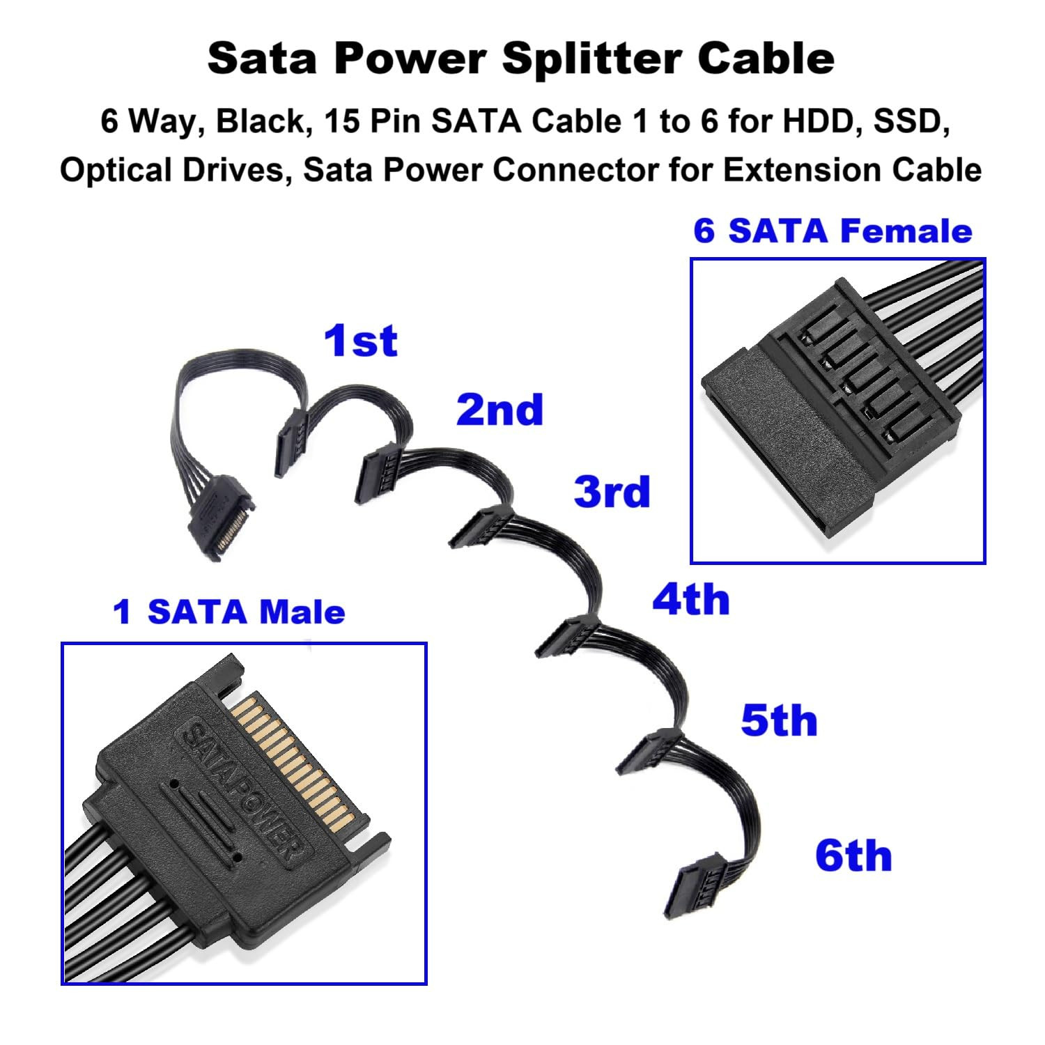 Sata Power Splitter Cable 5.5 Inches, 6 Way, Black, 15 Pin SATA Cable 1 to 6 for