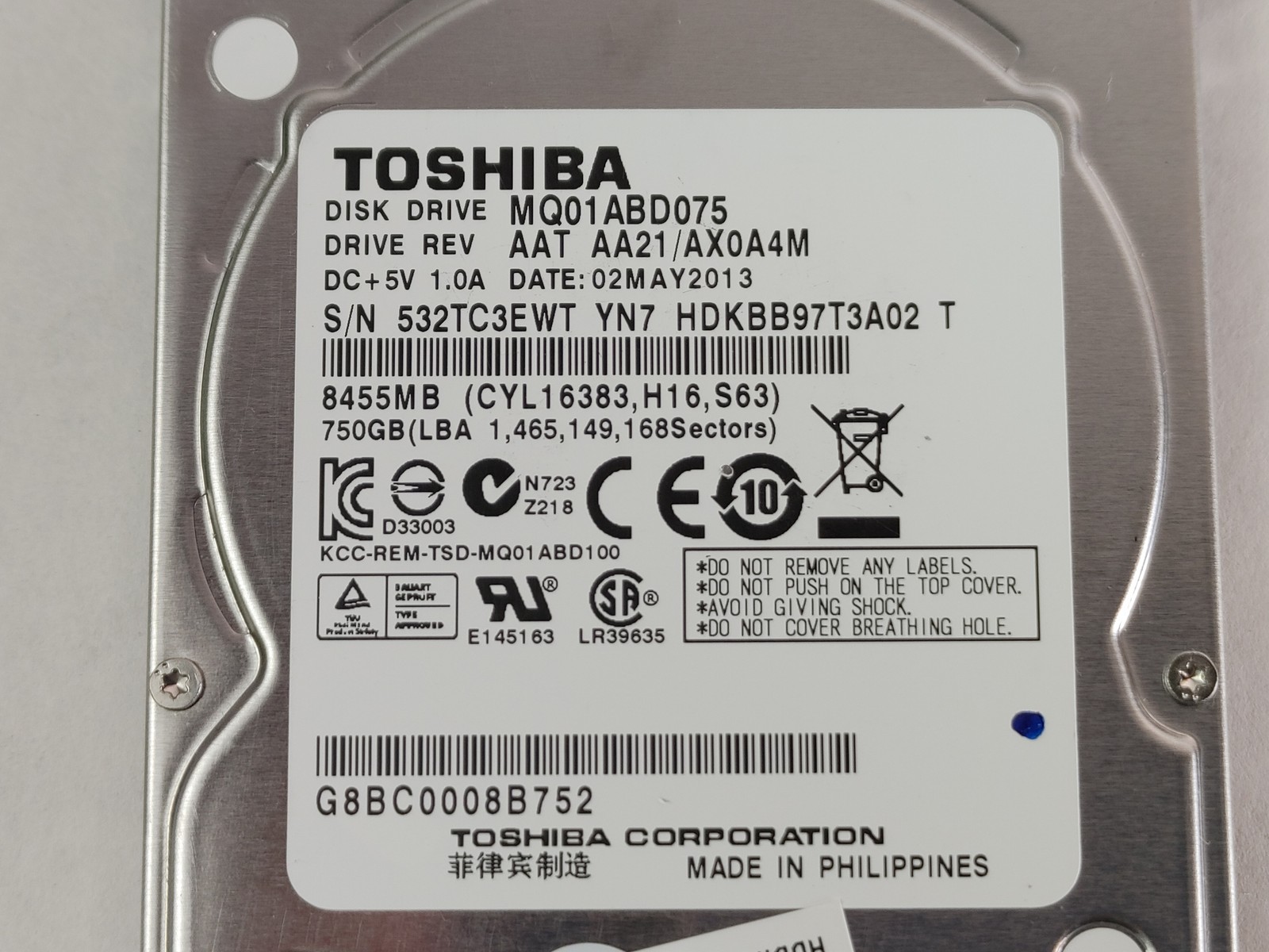Toshiba MQ01ABD075 750GB 2.5″ SATA II Laptop Hard Drive