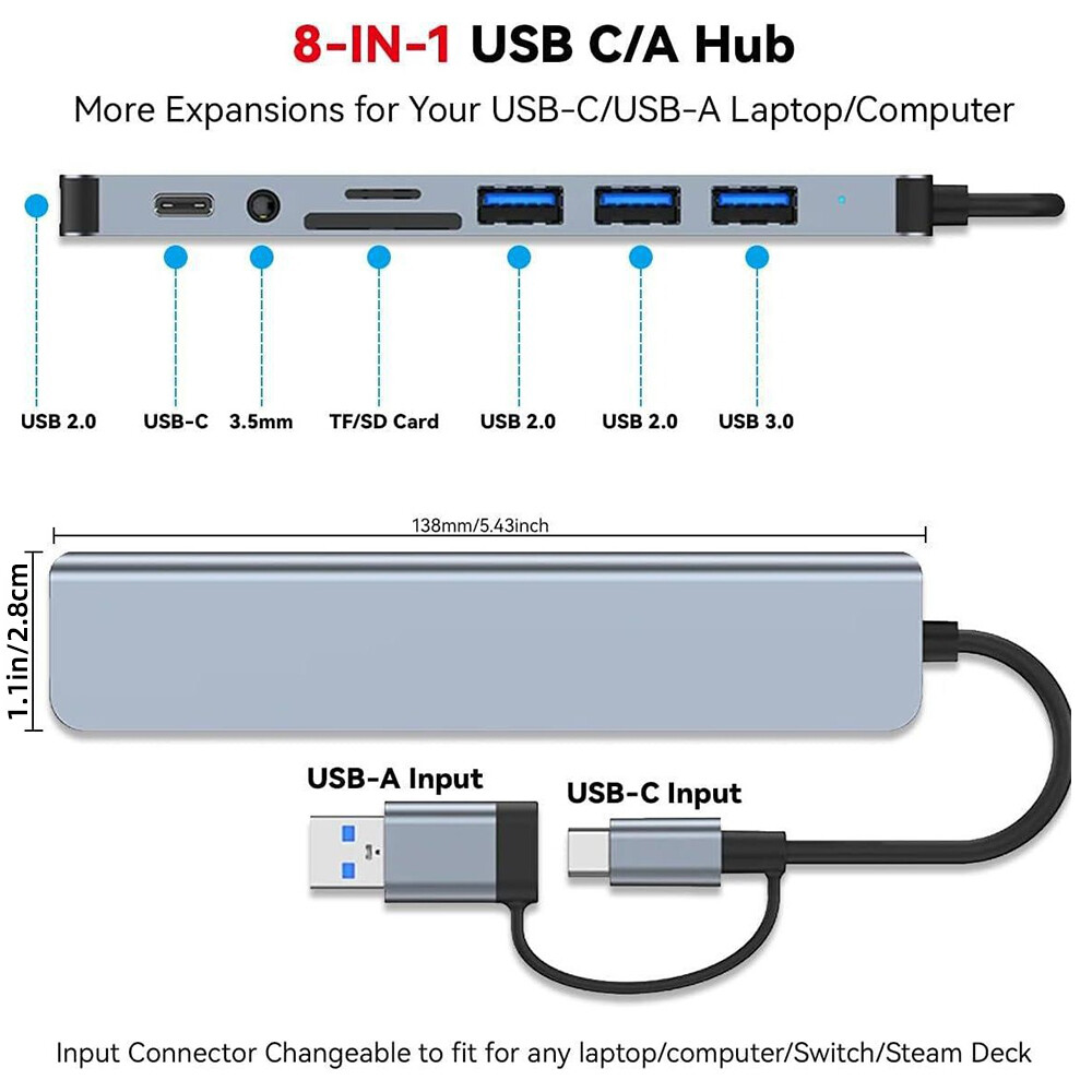 Multi Memory Card Reader 8 in 1 USB Splitter TF/SD Adapter USB C USB Hub 3.0 USA