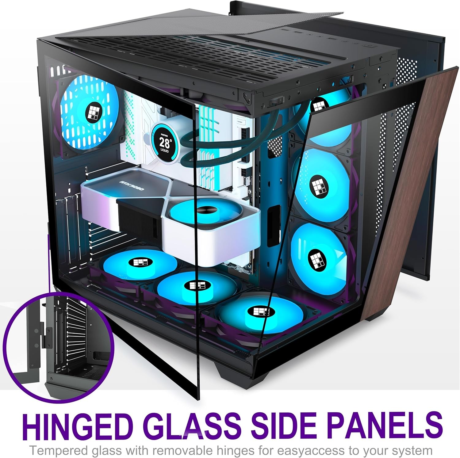 M9 PC Case -Genuine Walnut Wood, Pre-Installed 7 PWM ARGB Fan, ATX Mid-Tower Gam