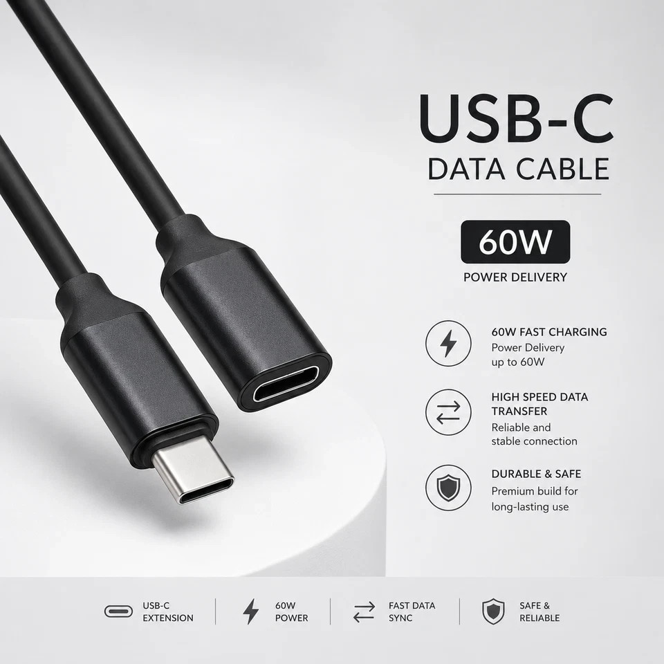 USB C Data Cables 60W Type-c Extension Cord Type-c Male To Female 3A Extension