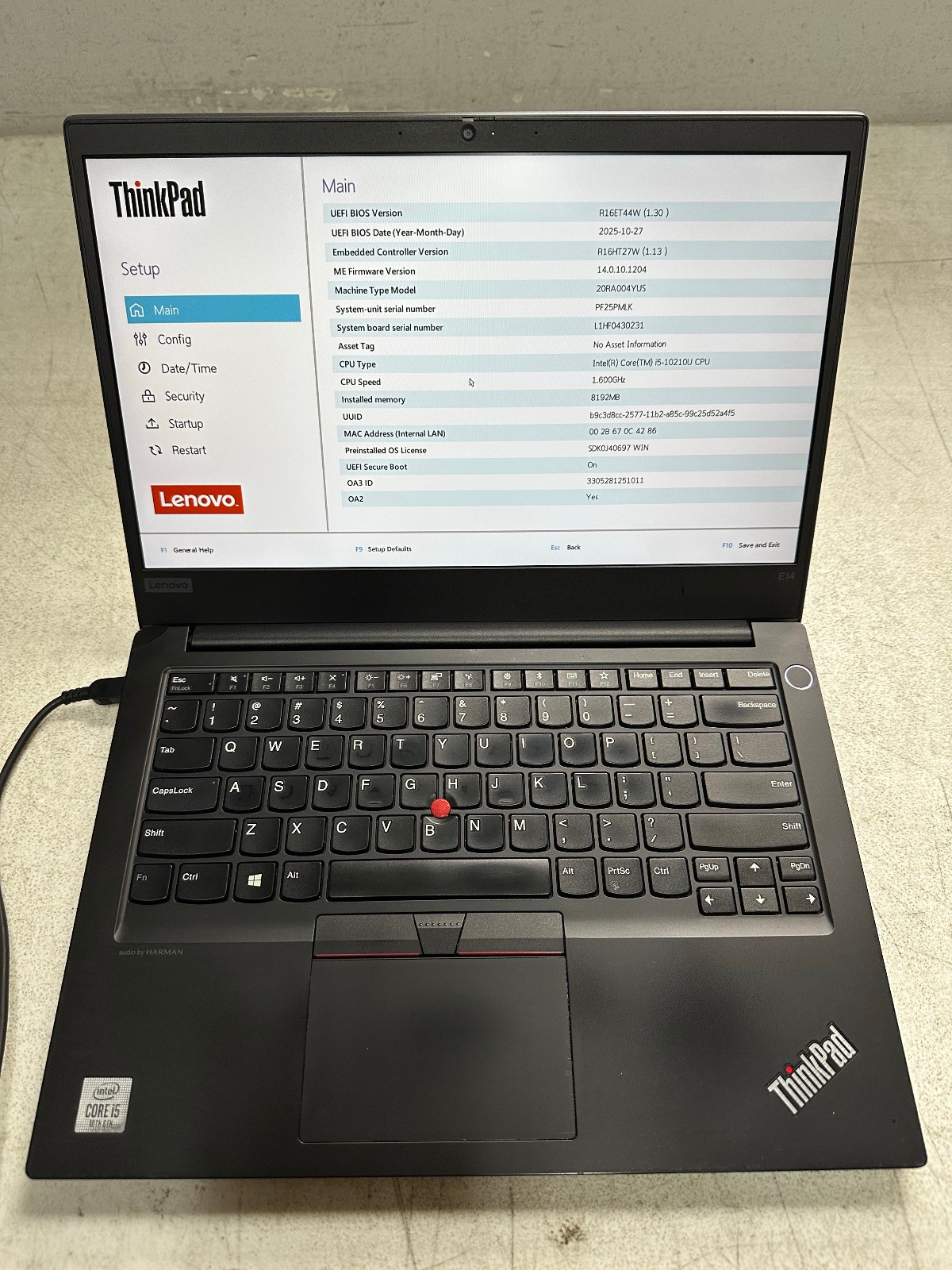 Lenovo ThinkPad E14 (i5-10210U @ 1.60, 8GB RAM, Boot to Bio) NO HD/ADAPTER