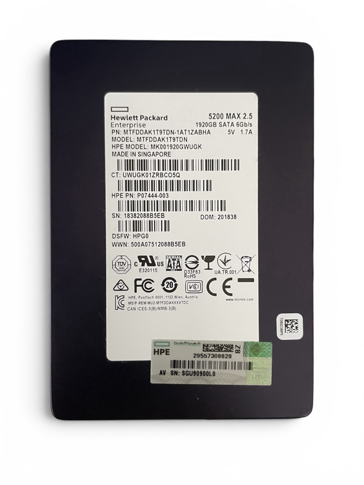 HPE 1.92TB Micron 5200 MAX SATA III 2.5” Enterprise SSD MK001920GWUGK