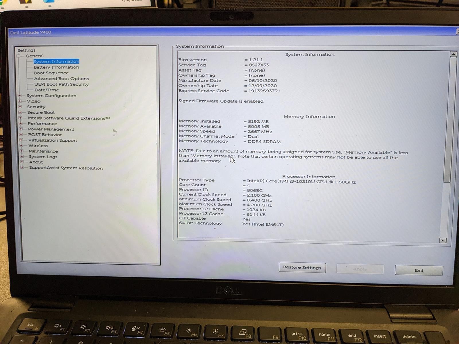 DELL LATITUDE 7410 i5-10210U @ 1.60GHz, 8GB RAM, NO HDD/OS