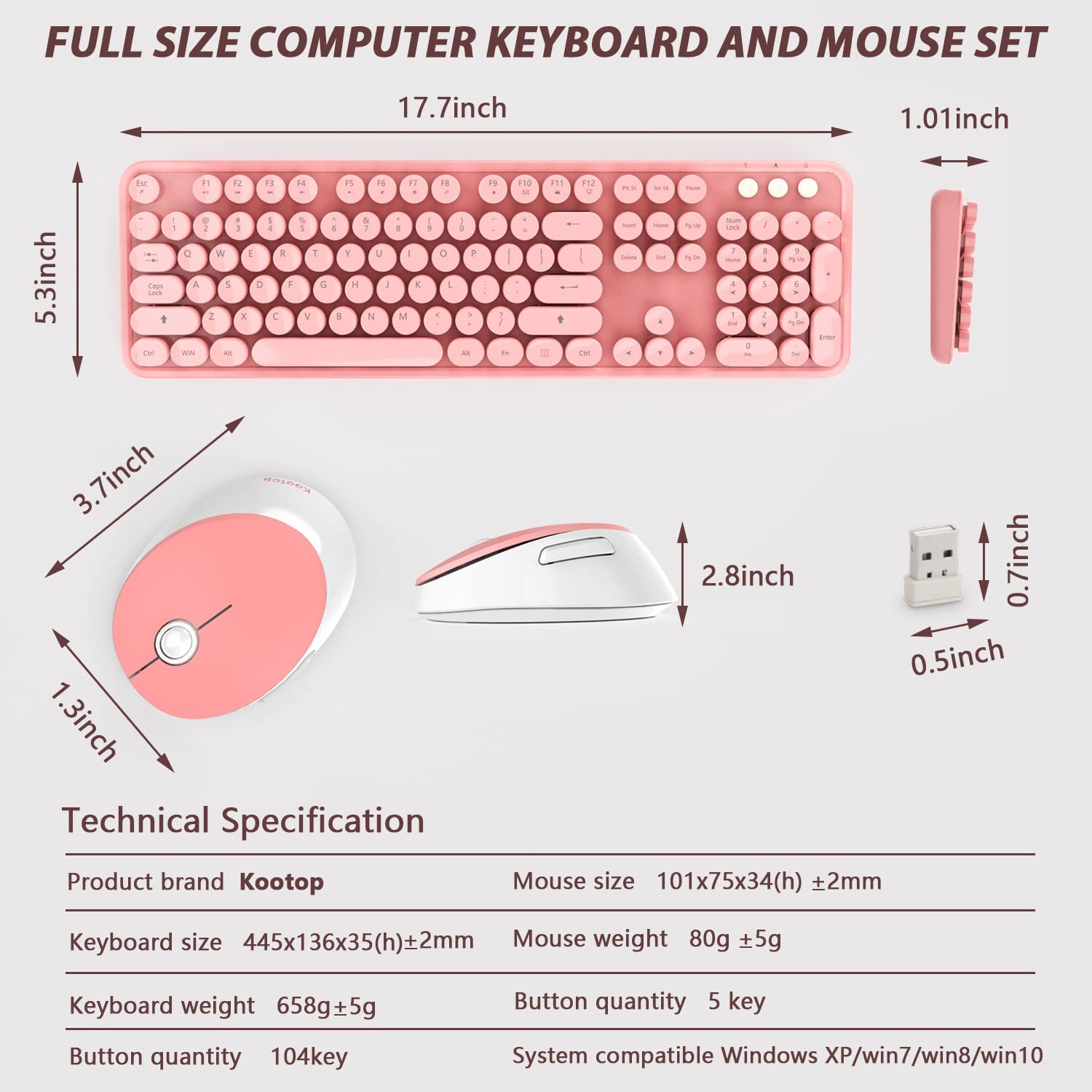 Pink White Wireless Keyboard and Mouse Combo Retro Round Keycaps 104 Key