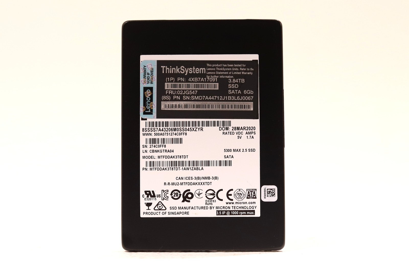 Lenovo MTFDDAK3T8TDT 3.84TB 2.5″ 6Gb/s Read Intensive SATA SSD FRU P/N: 02JG547